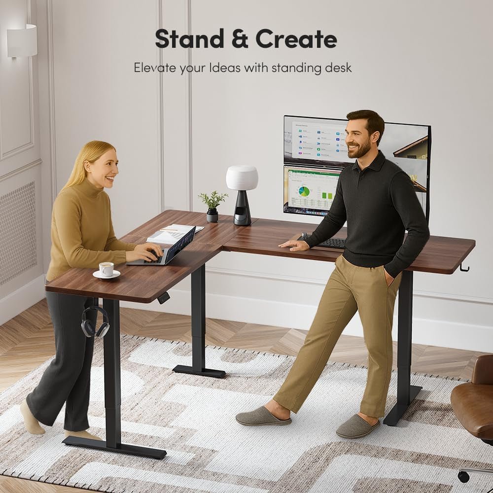 Electric Height Adjustable L Shaped Standing Desk 75 by 63 Inches Black Walnut