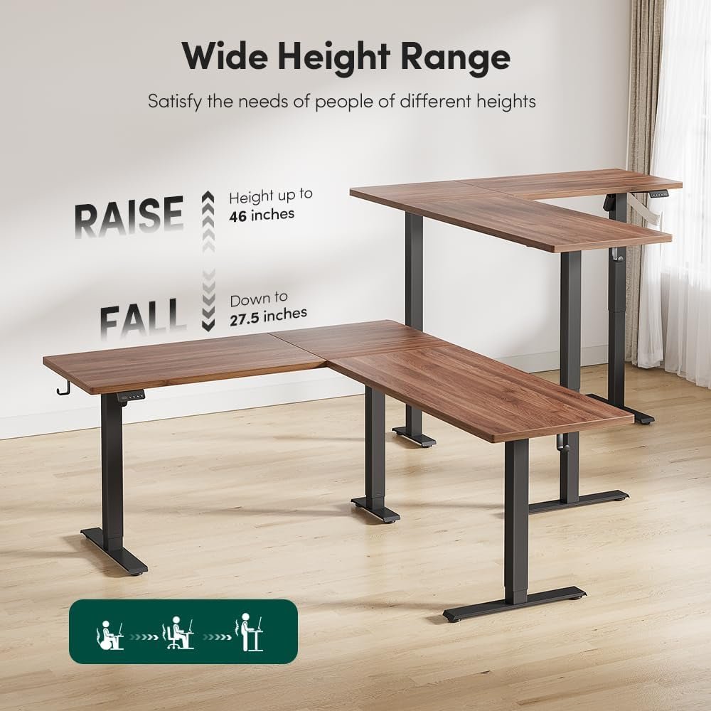 Electric Height Adjustable L Shaped Standing Desk 75 by 63 Inches Black Walnut
