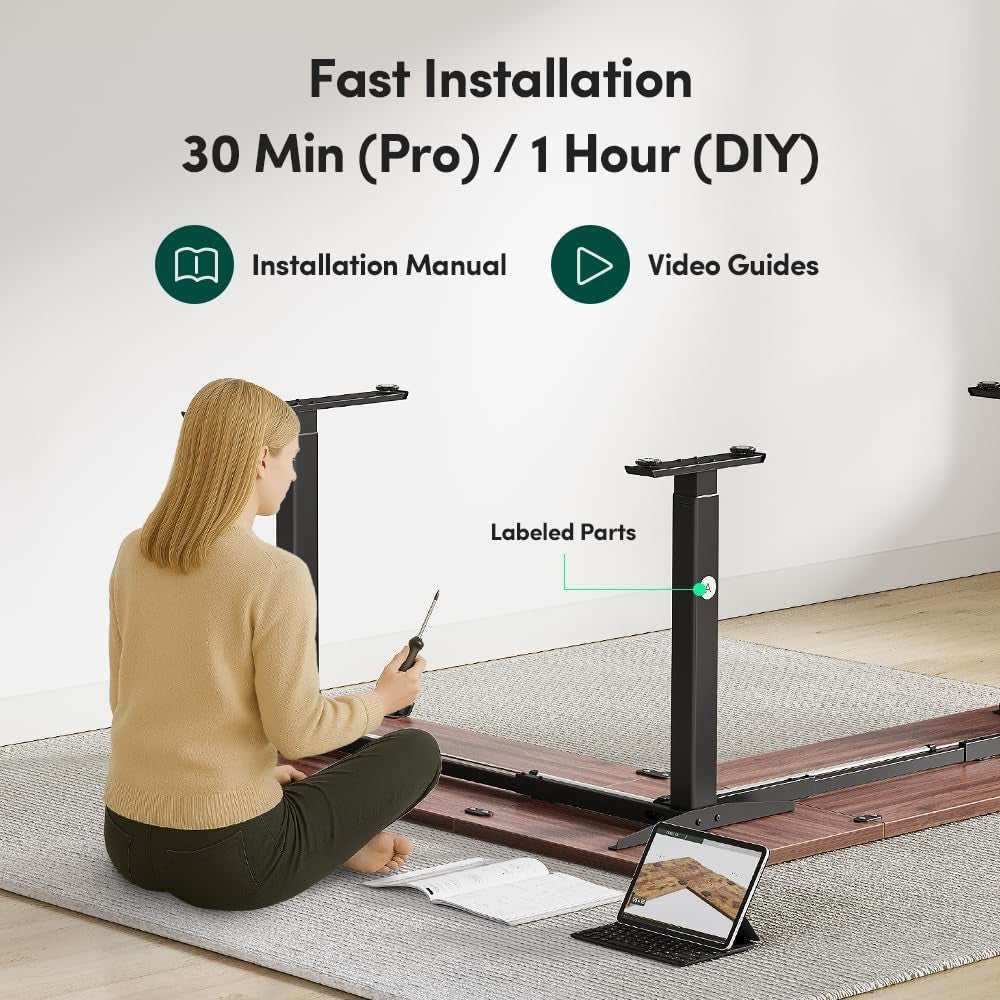Electric Height Adjustable L Shaped Standing Desk 75 by 63 Inches Black Walnut