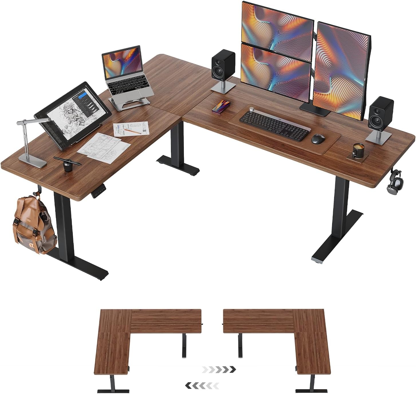 Electric Height Adjustable L Shaped Standing Desk 75 by 63 Inches Black Walnut