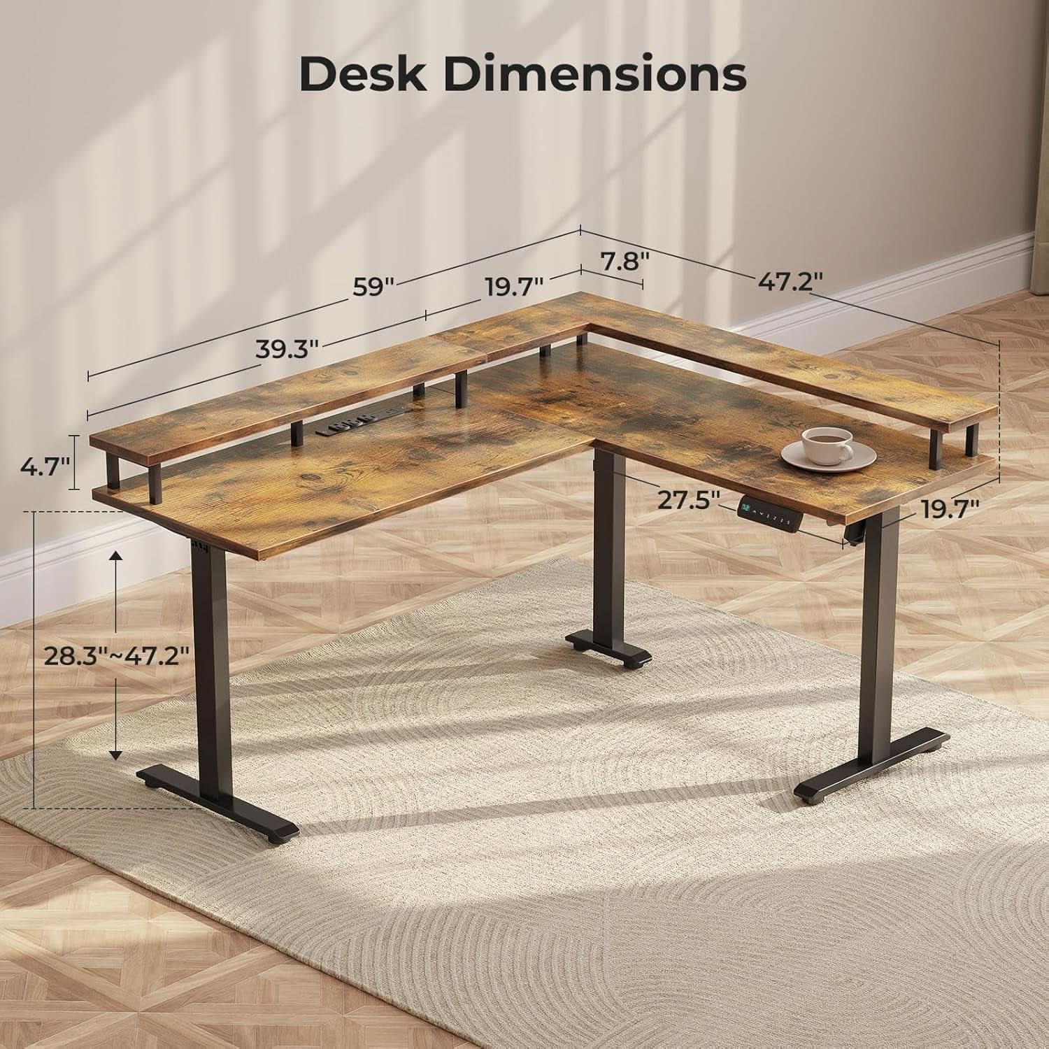 Electric L Shaped Standing Desk 59 Inch Height Adjustable