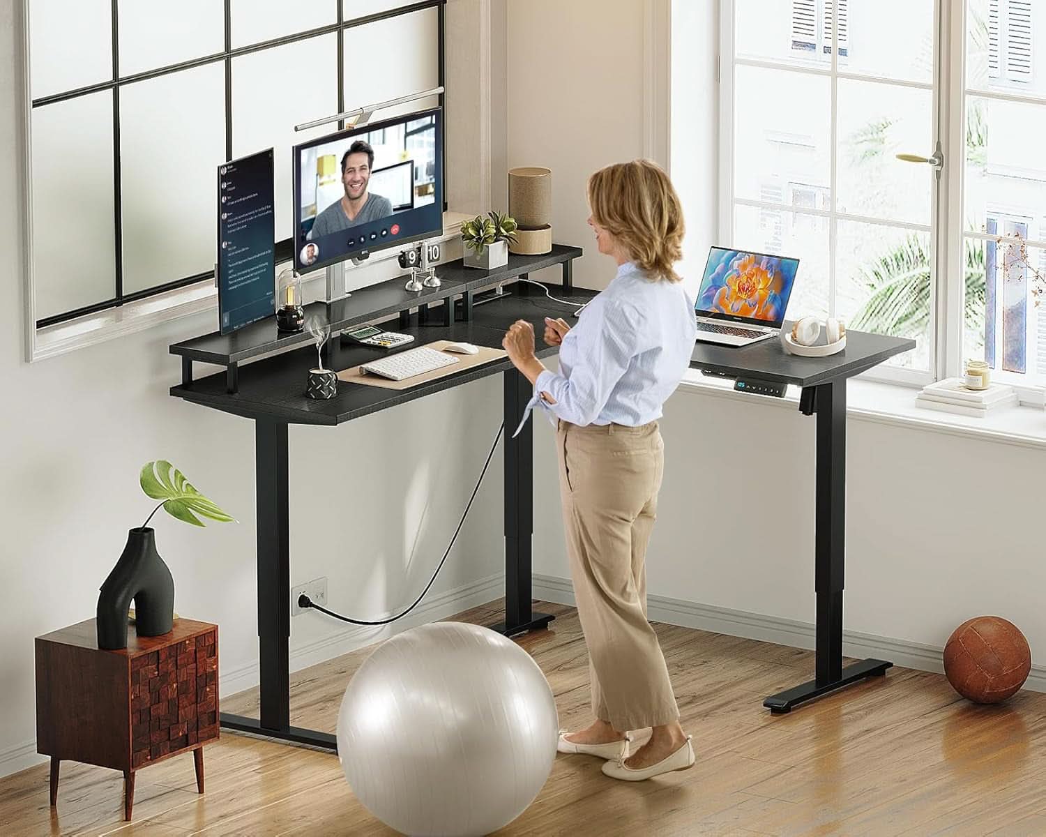 Electric L Shaped Standing Desk 59 Inch With Power Outlets