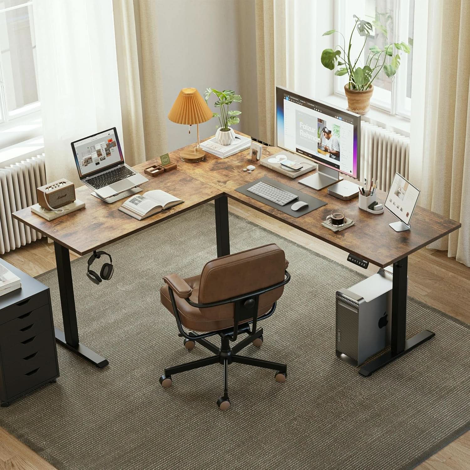 Electric L-Shaped Standing Desk 63 By 55 Inch Rustic Brown