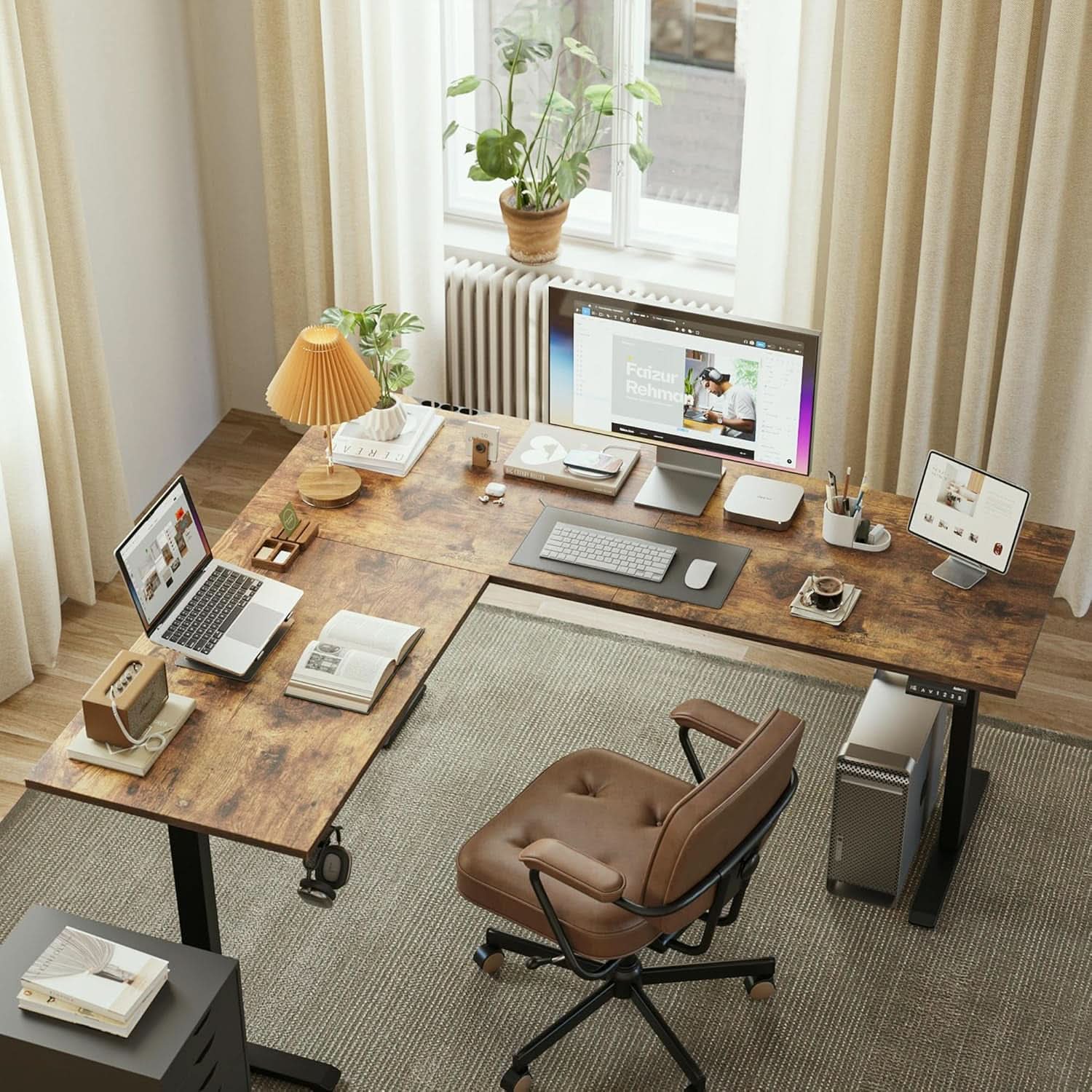 Electric L-Shaped Standing Desk 63 By 55 Inch Rustic Brown