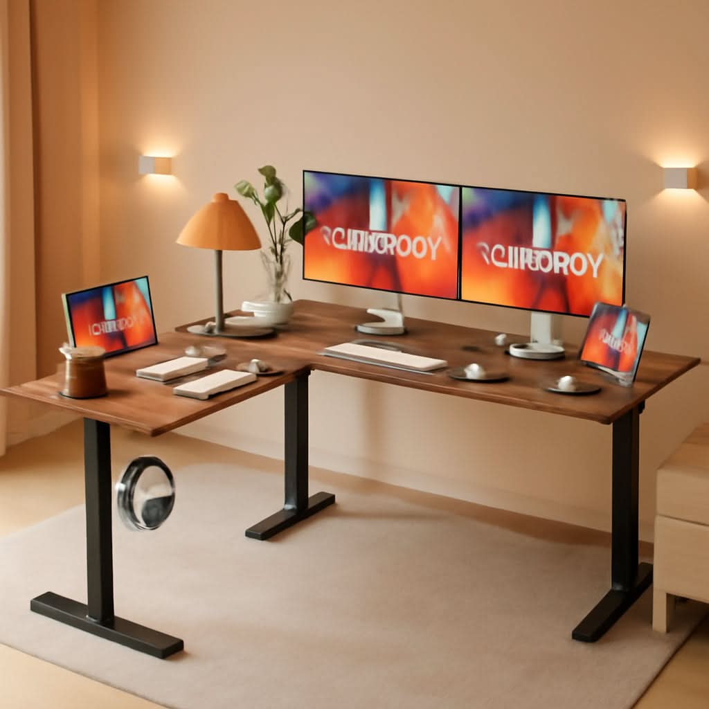 Electric L-Shaped Standing Desk 63 By 55 Inch Rustic Brown