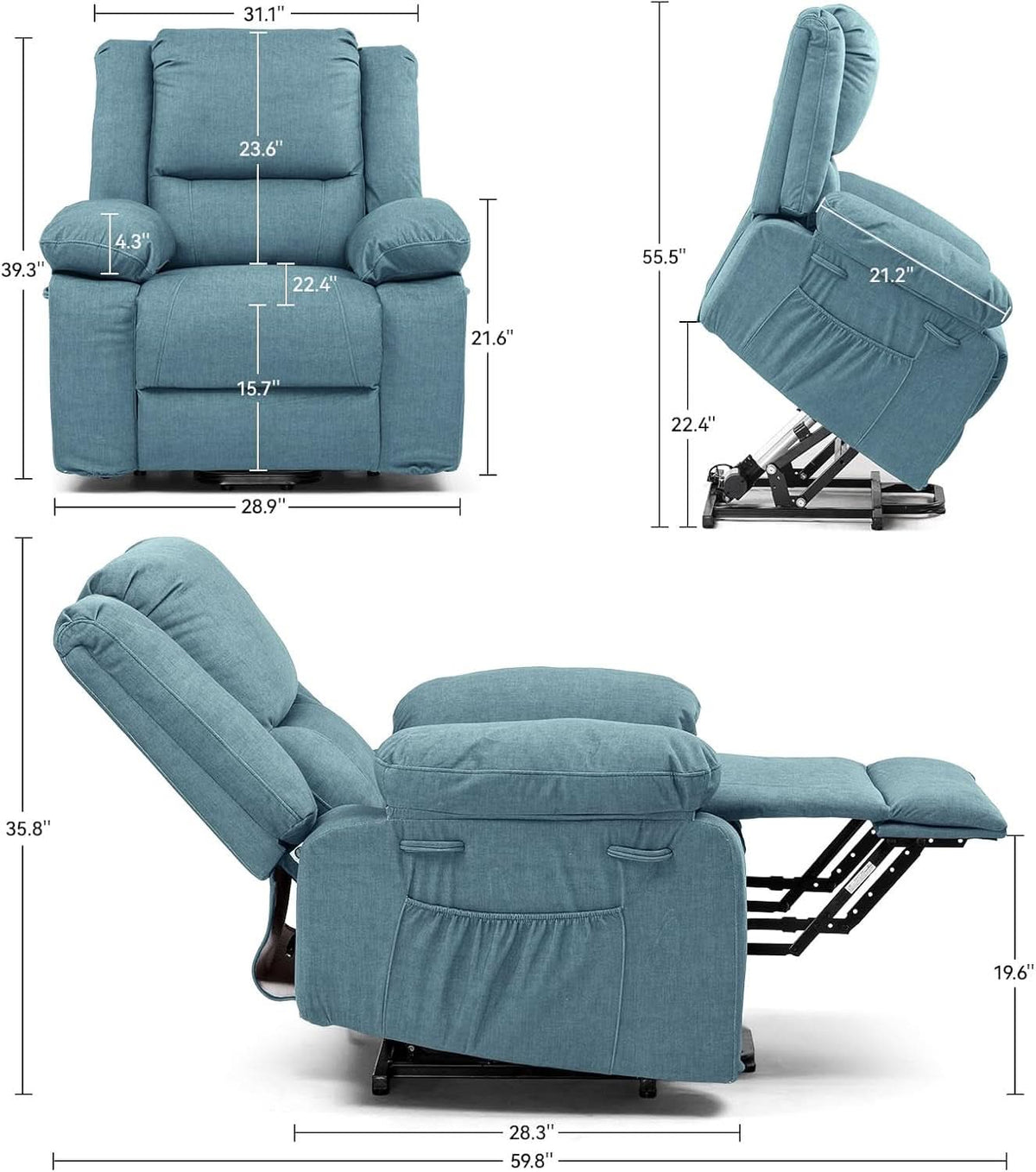 Electric Power Lift Chair Recliner With Massage And Heat Blue Fabric
