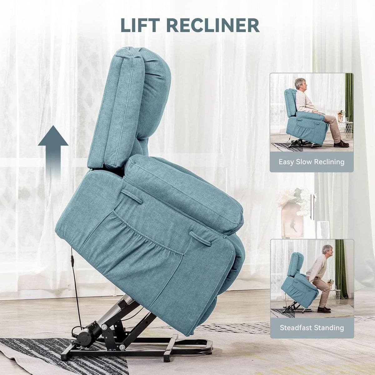 Electric Power Lift Chair Recliner With Massage And Heat Blue Fabric