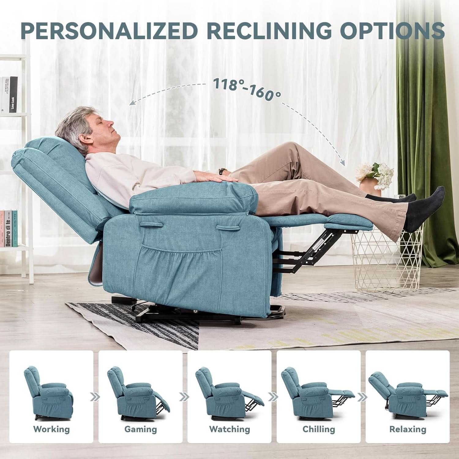 Electric Power Lift Chair Recliner With Massage And Heat Blue Fabric