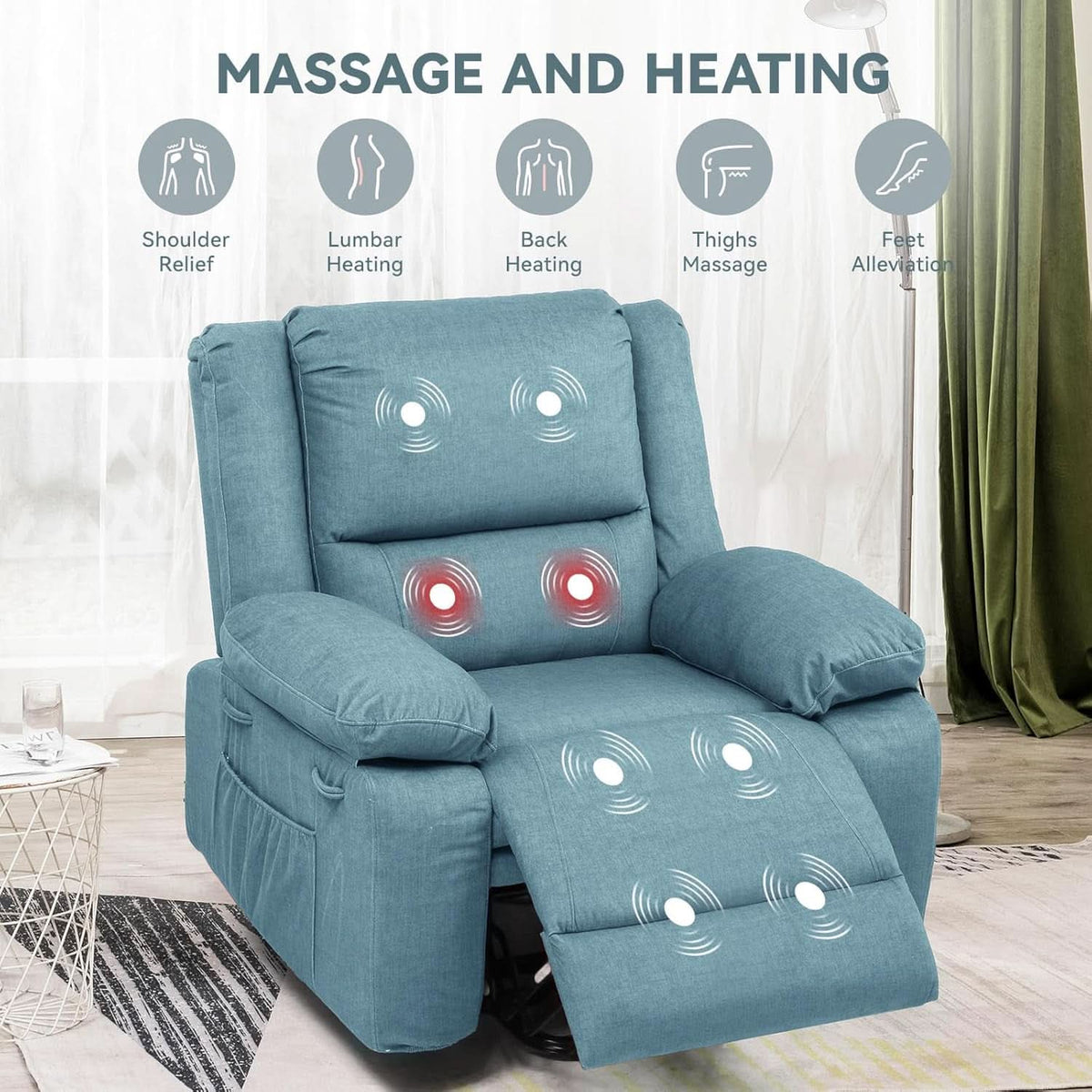 Electric Power Lift Chair Recliner With Massage And Heat Blue Fabric