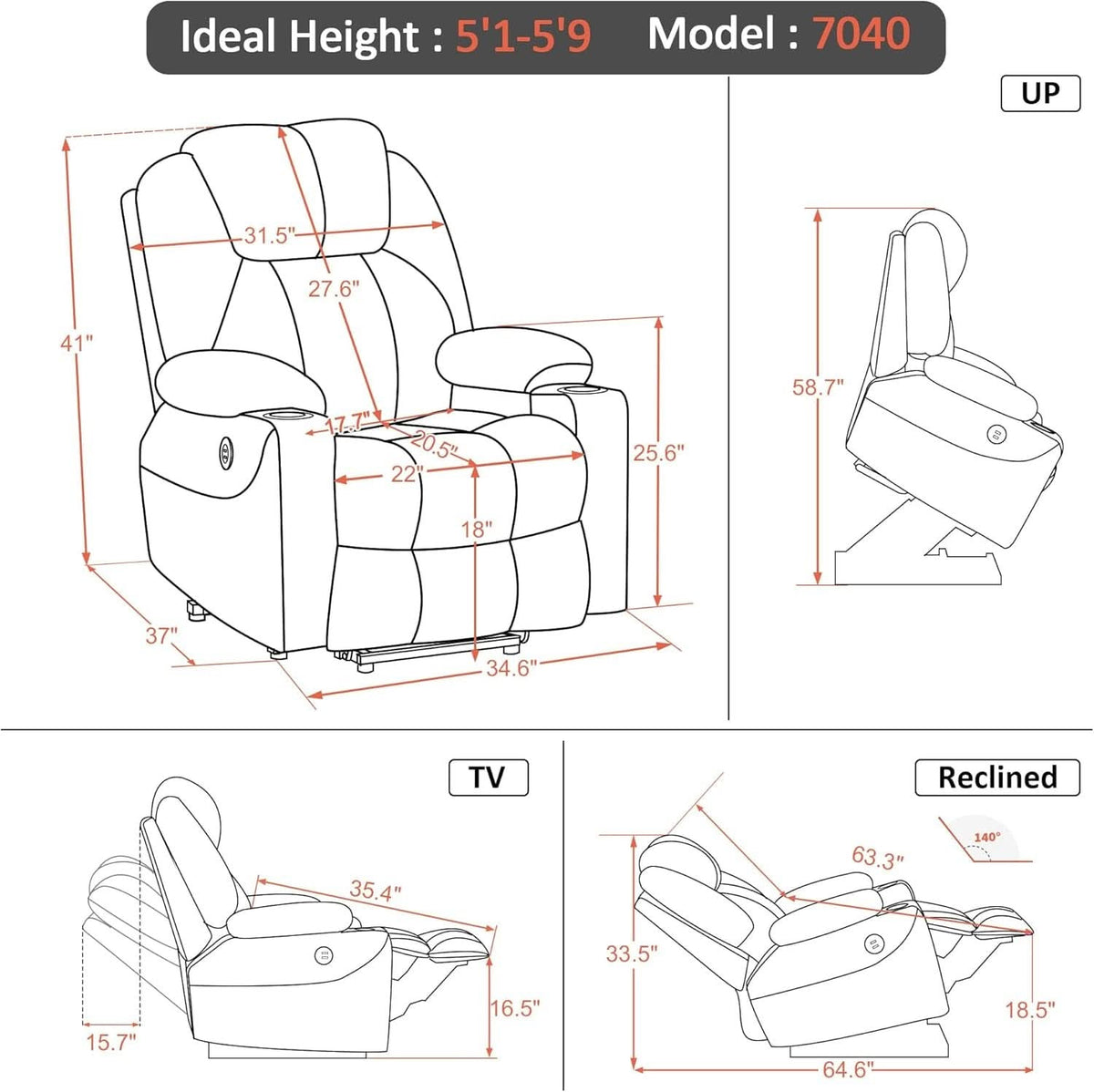 Electric Power Lift Recliner Chair With Massage And Heat Blue Medium