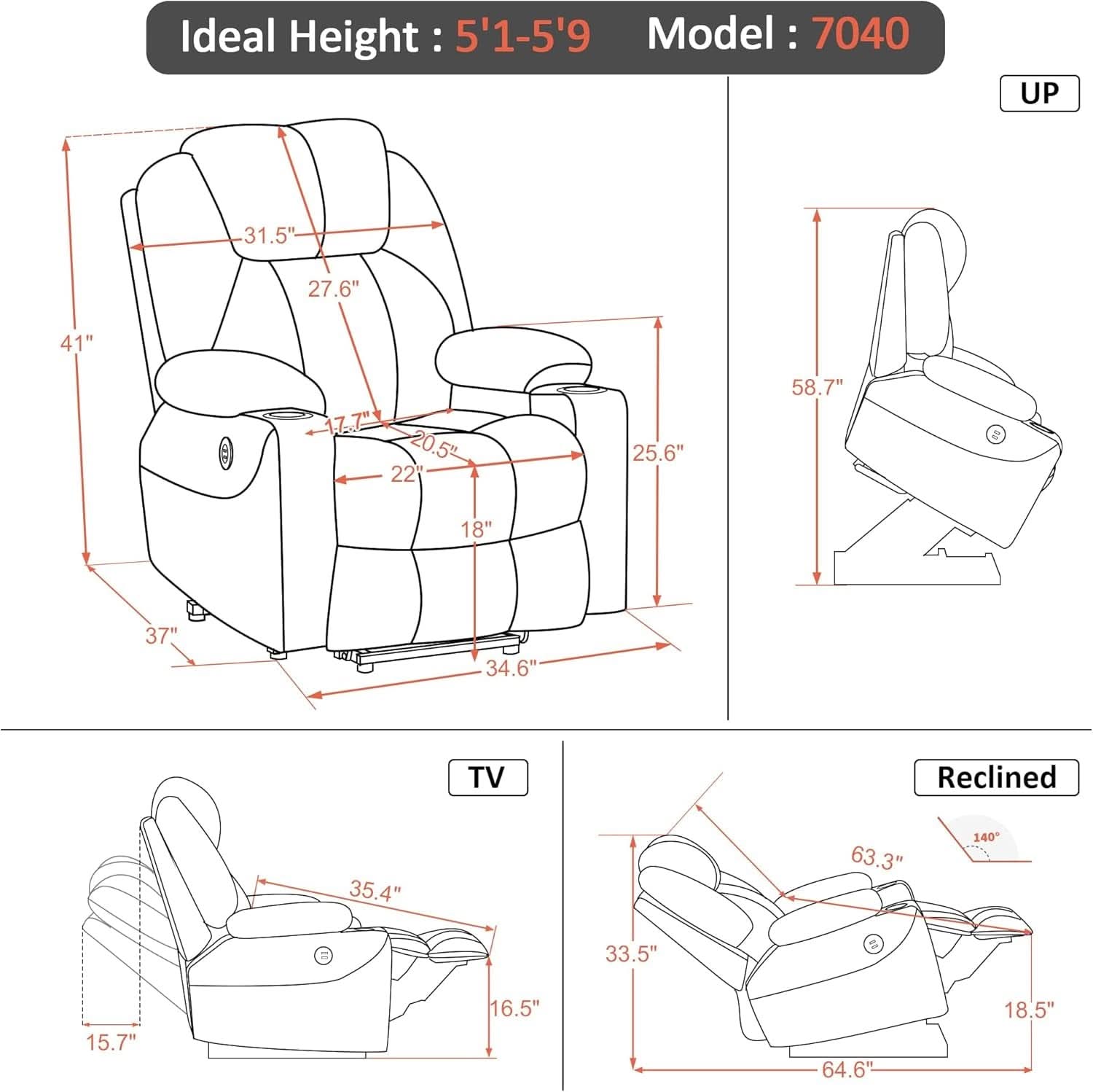 Electric Power Lift Recliner Chair With Massage And Heat Grey Medium