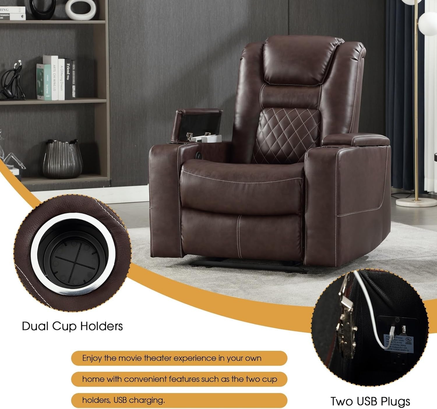 Electric Power Recliner Chair Red USB Ports Cup Holders