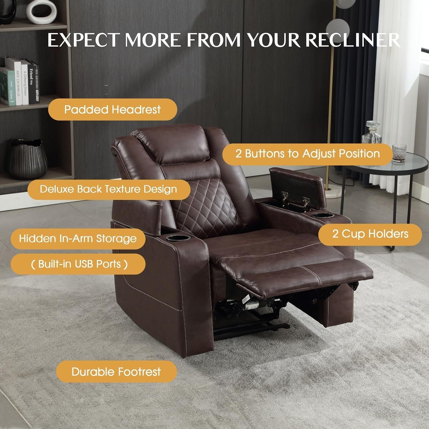 Electric Power Recliner Chair Red USB Ports Cup Holders