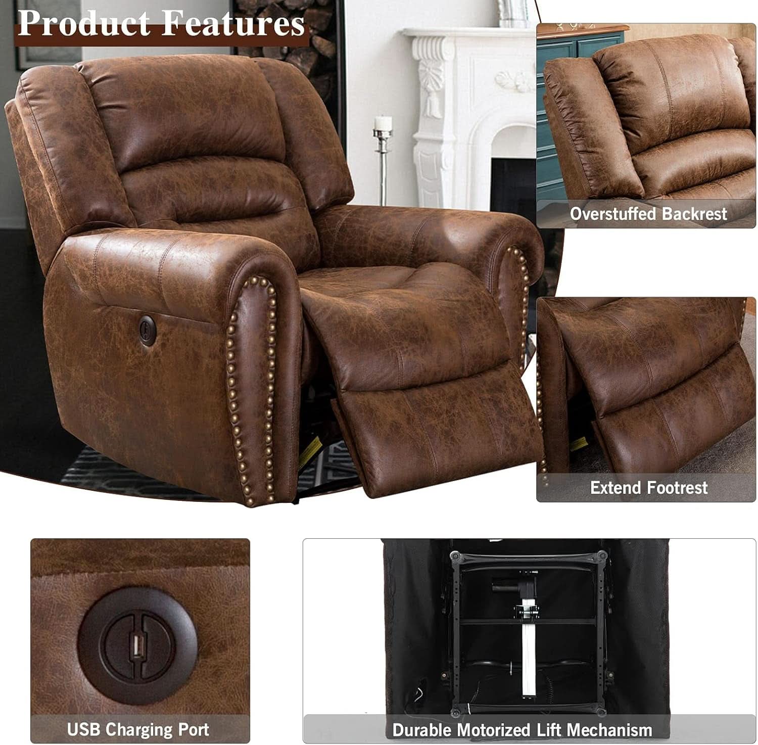 Electric Power Recliner Pair Nut Brown Leather With USB Port
