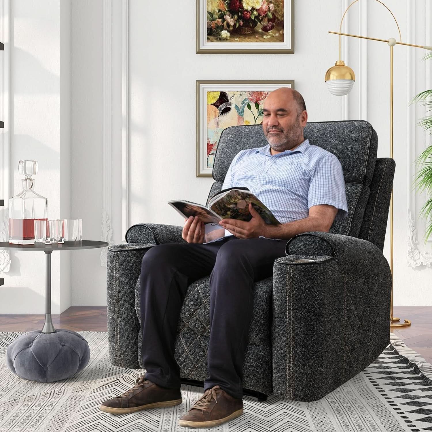 Electric Recliner Chair With Soft Fabric And Cup Holders