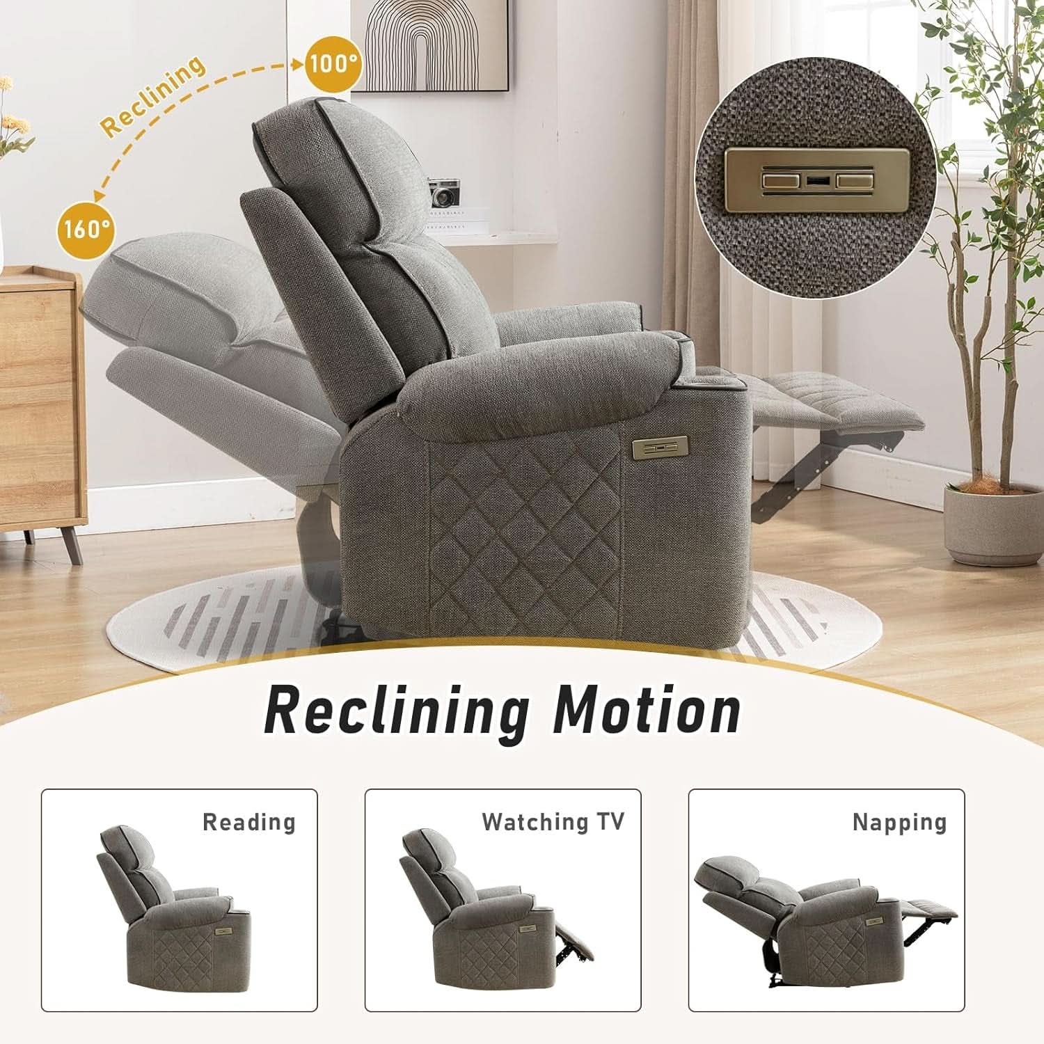 Electric Recliner Chair With USB Charging And Cup Holders