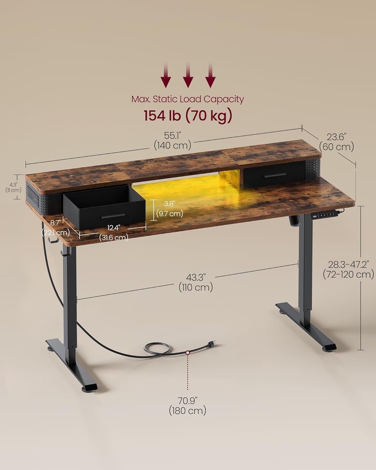 Electric Standing Desk with Drawers and LED Lights