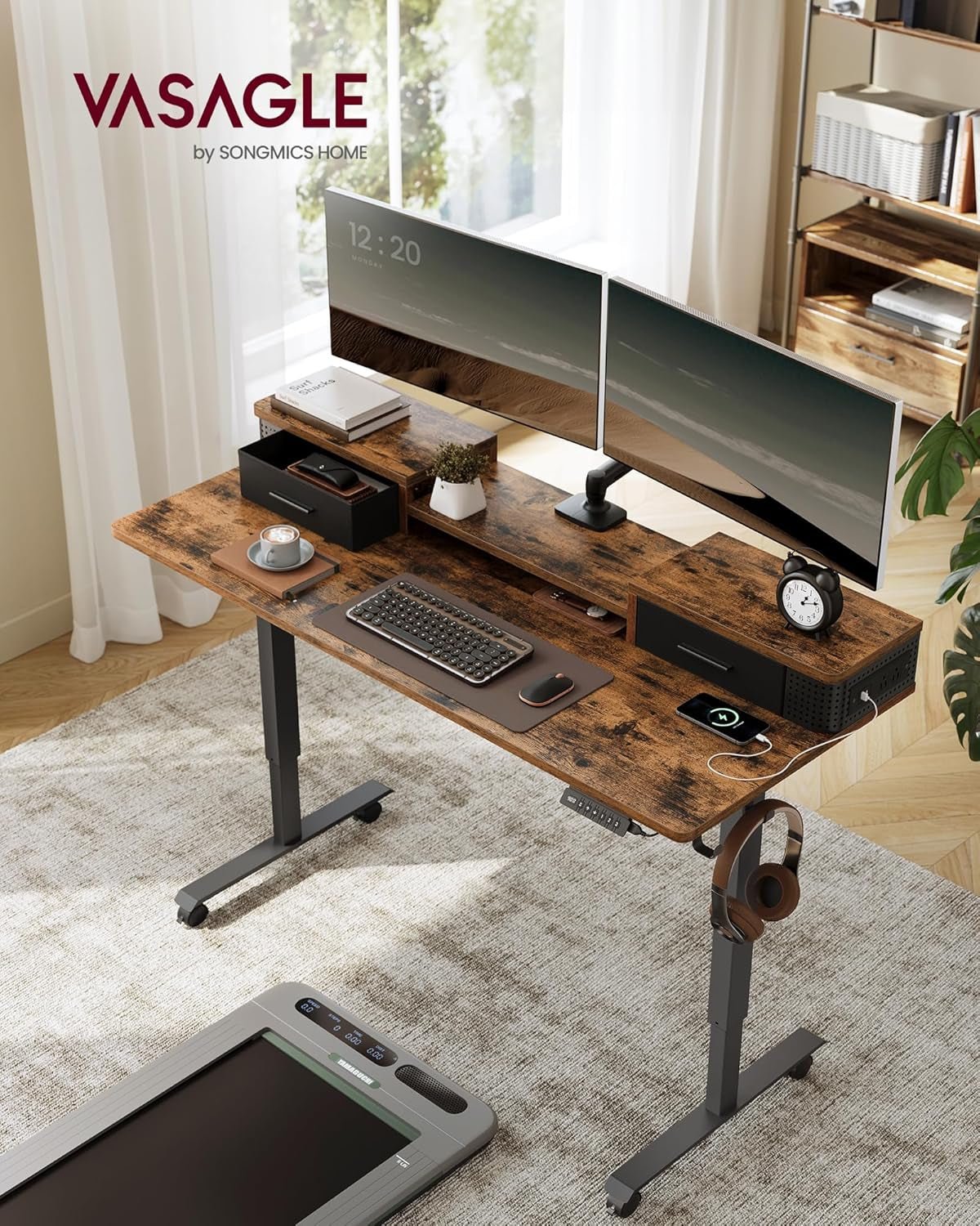 Electric Standing Desk with Drawers and LED Lights