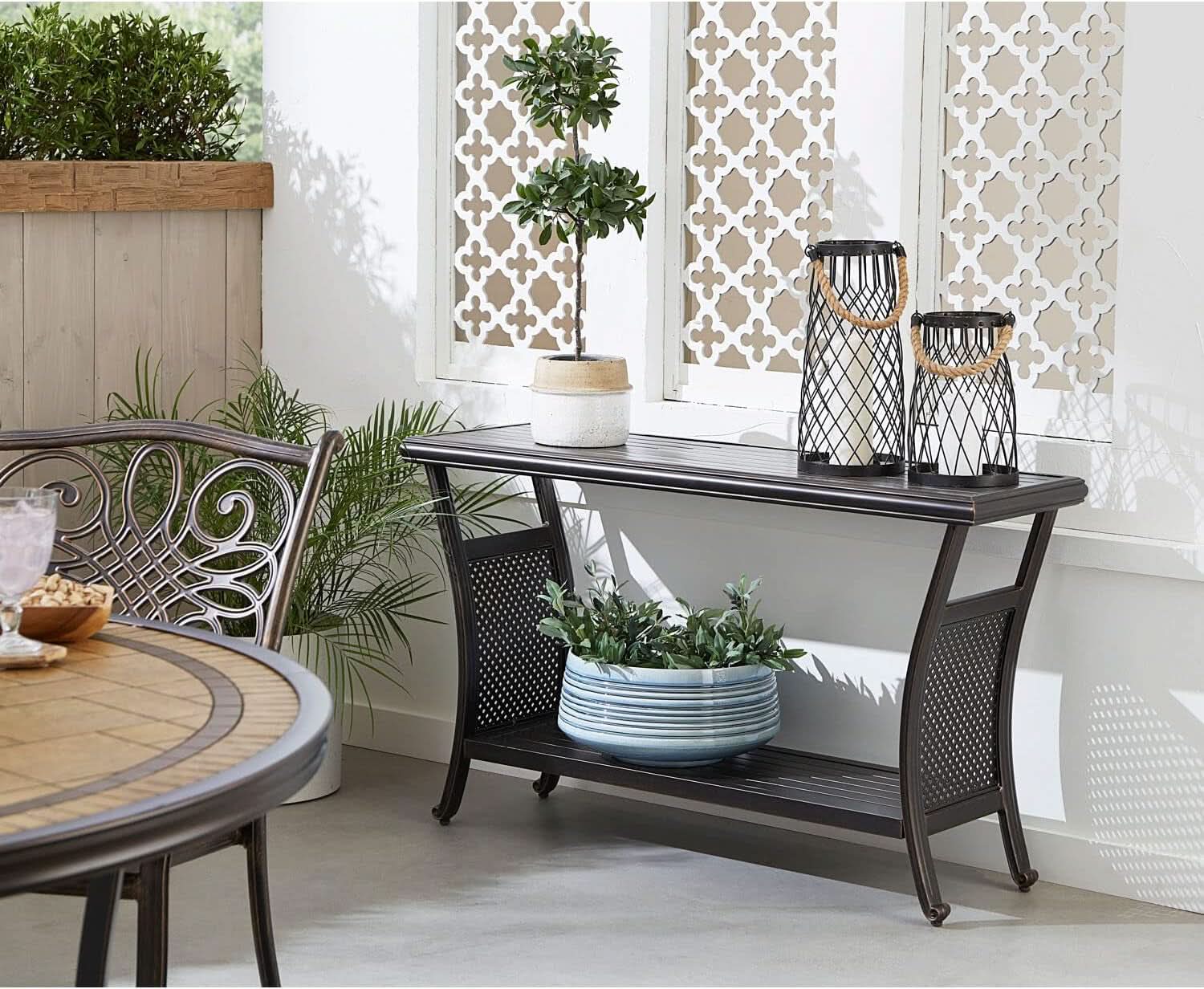 Elegant 50 Inch Outdoor Console Table with Shelves