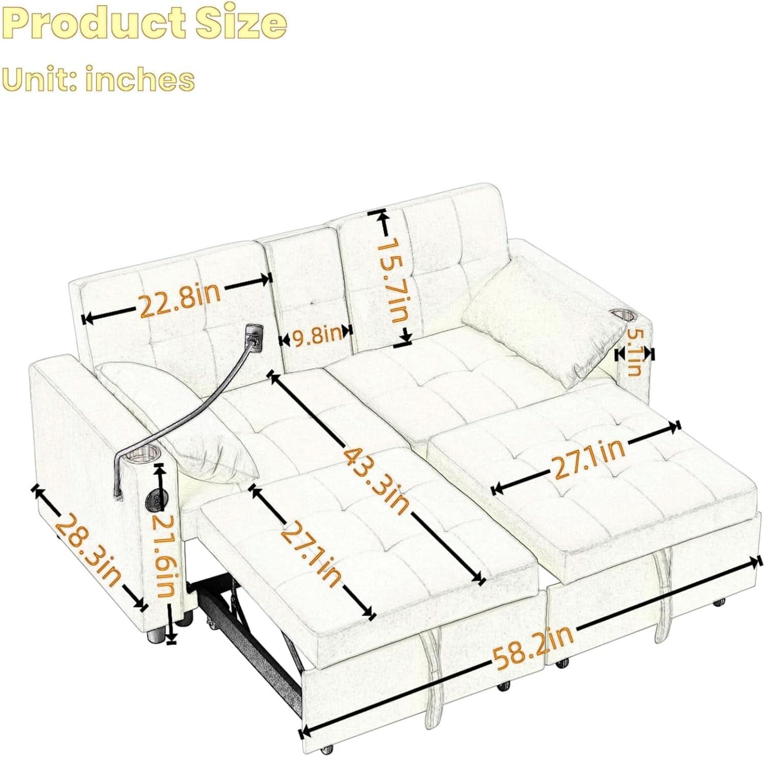 Elegant 70 Inch Queen Size Split Sofa Bed