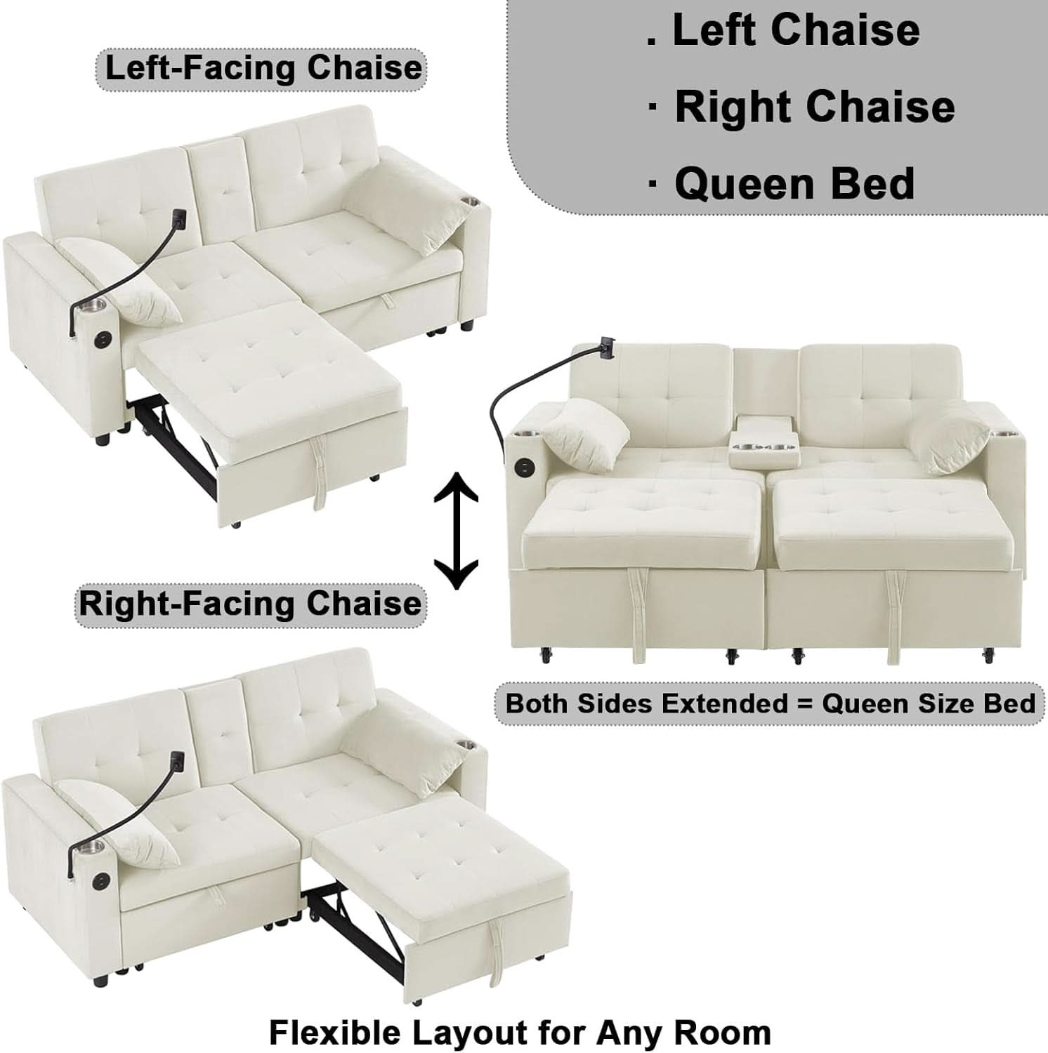 Elegant 70 Inch Queen Size Split Sofa Bed