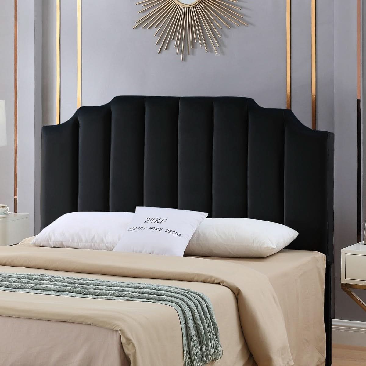 Elegant Black Velvet Tufted Queen Headboard with Curved Design
