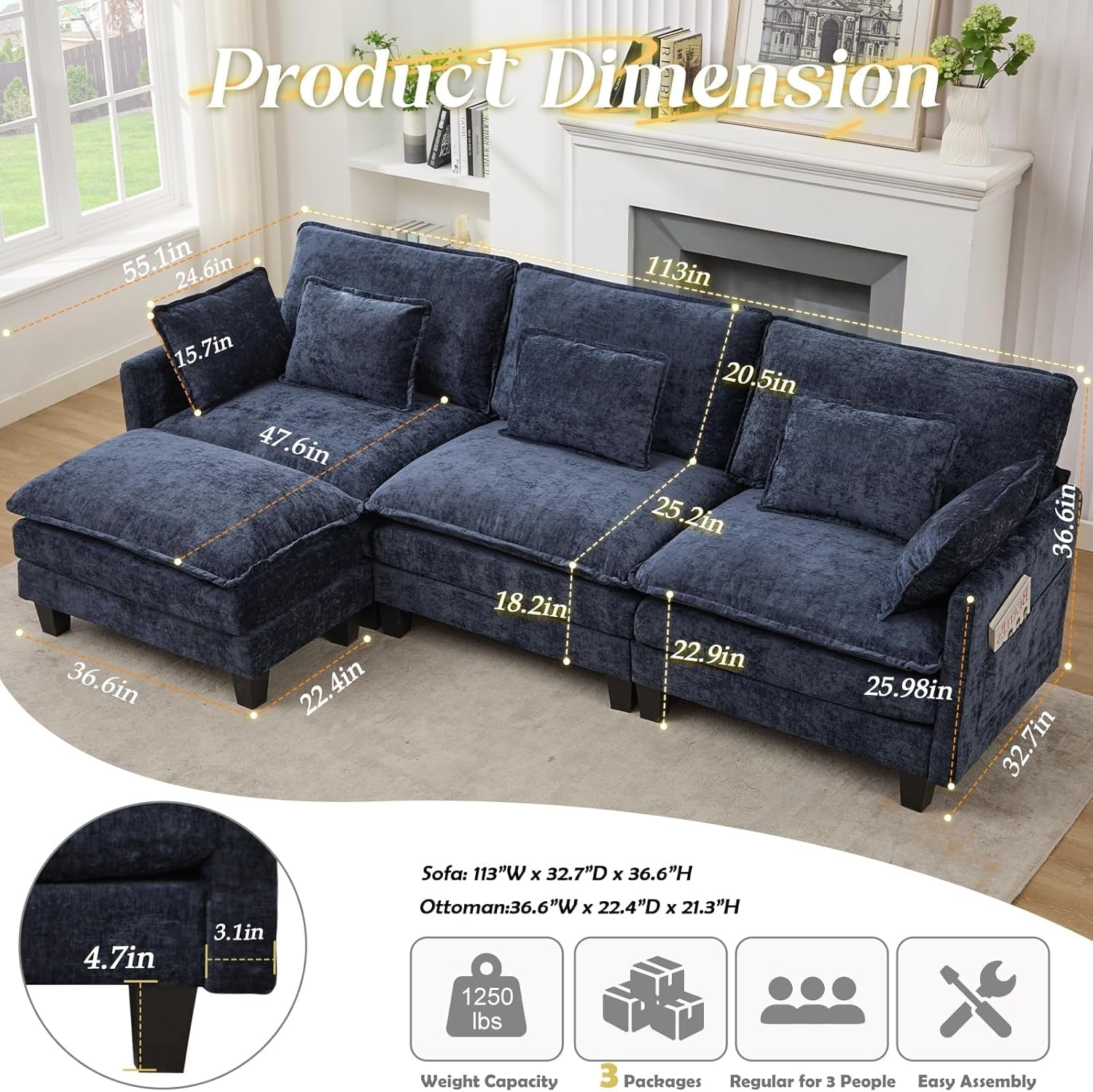Elegant Blue Modular Sectional Sofa With Movable Ottoman