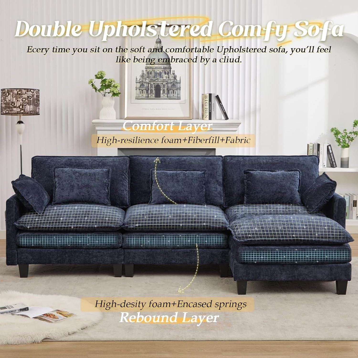 Elegant Blue Modular Sectional Sofa With Movable Ottoman