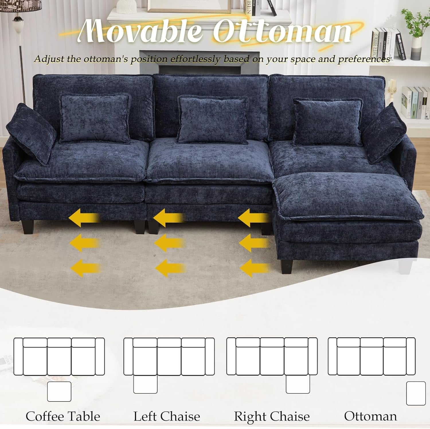 Elegant Blue Modular Sectional Sofa With Movable Ottoman