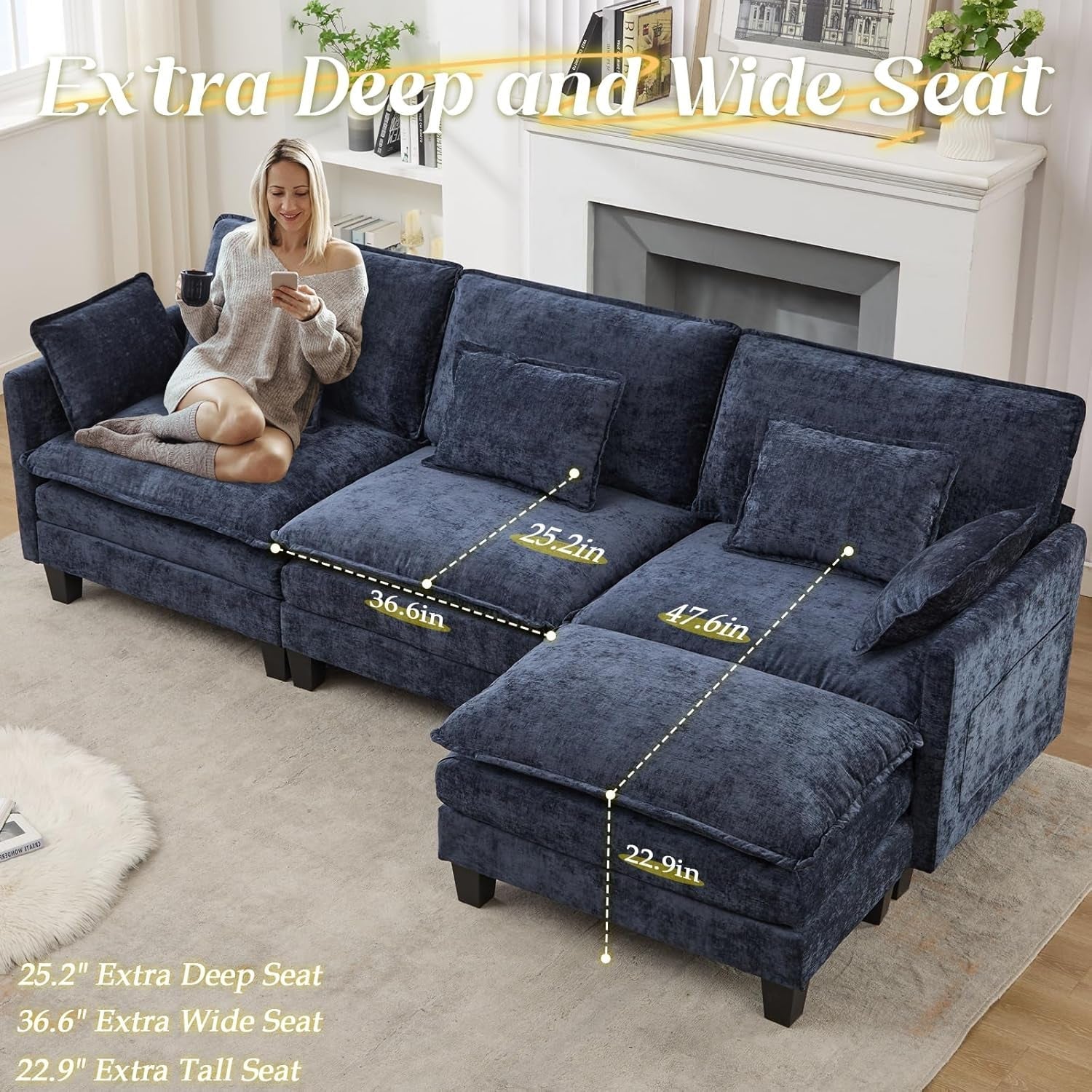 Elegant Blue Modular Sectional Sofa With Movable Ottoman