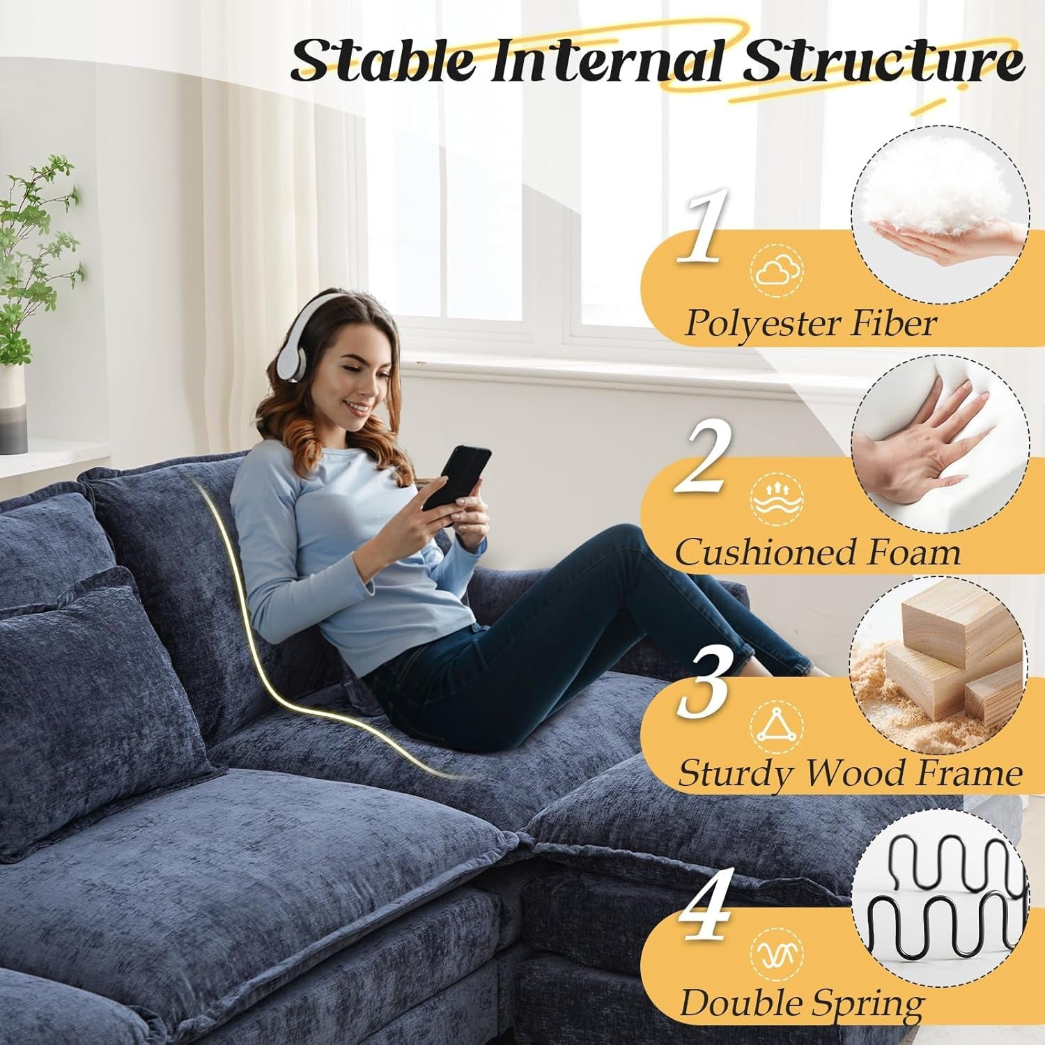 Elegant Blue Modular Sectional Sofa With Movable Ottoman