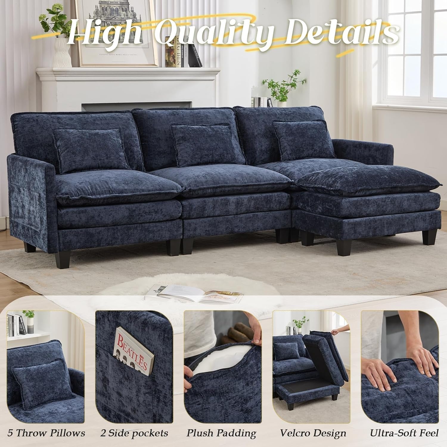 Elegant Blue Modular Sectional Sofa With Movable Ottoman