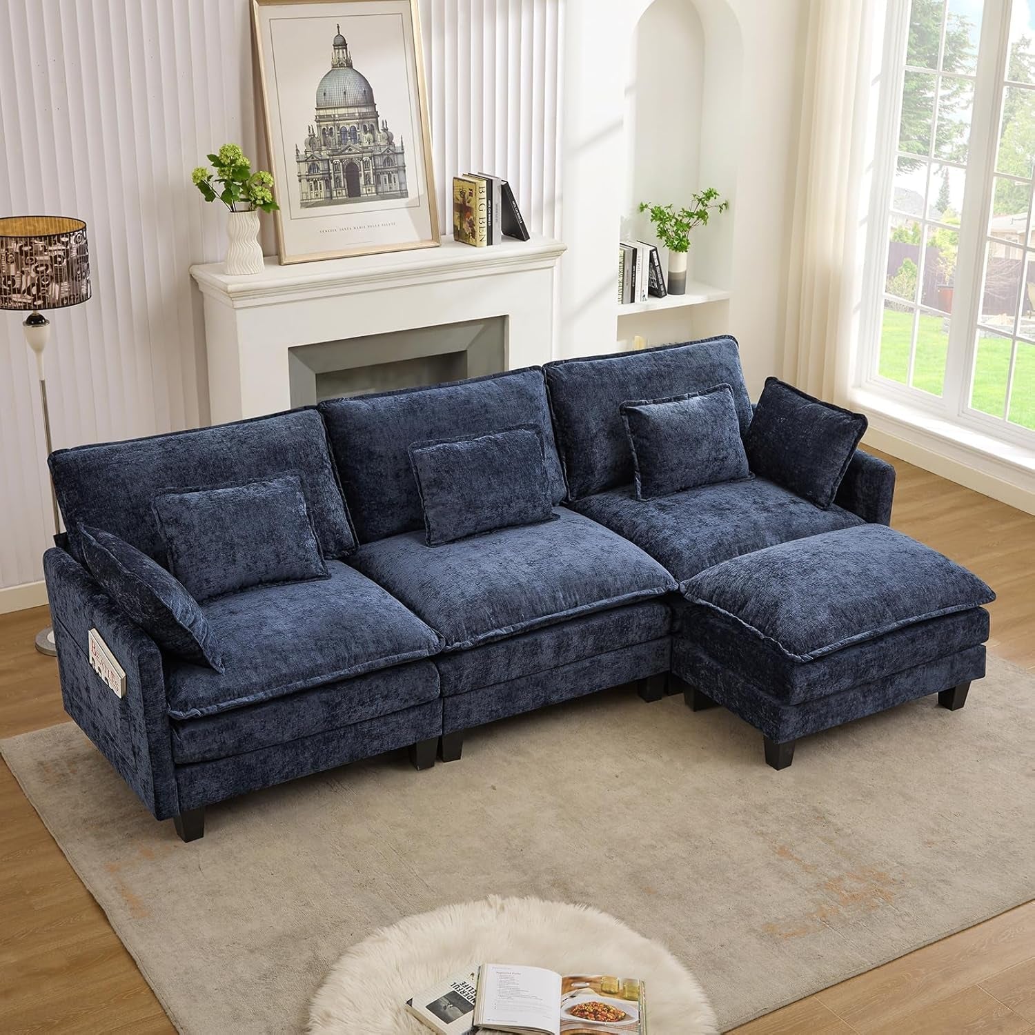 Elegant Blue Modular Sectional Sofa With Movable Ottoman