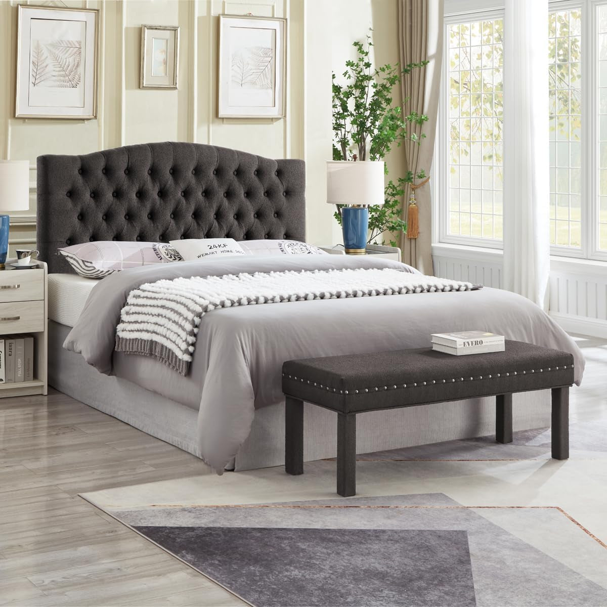 Elegant Boucle Upholstered Tufted Queen Headboard Dark Gray