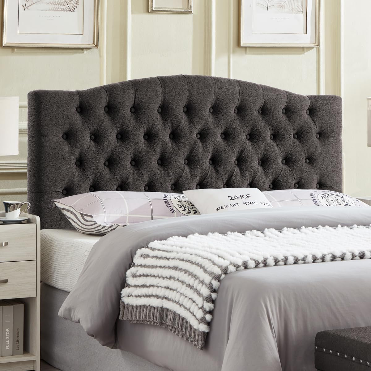 Elegant Boucle Upholstered Tufted Queen Headboard Dark Gray