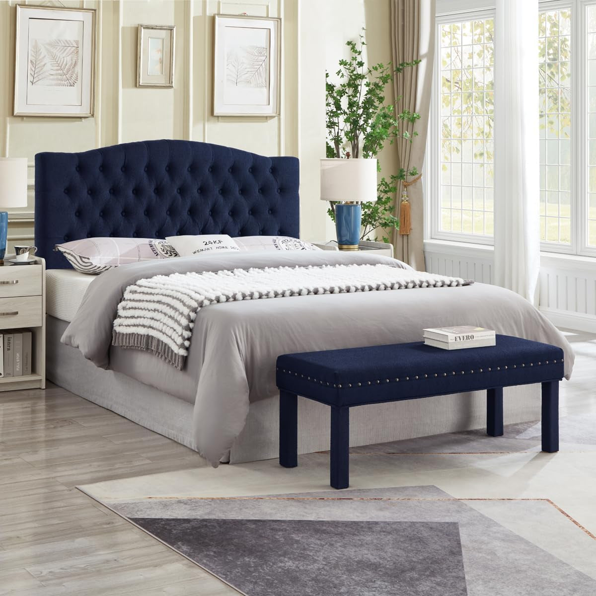 Elegant Boucle Upholstered Tufted Queen Headboard in Navy