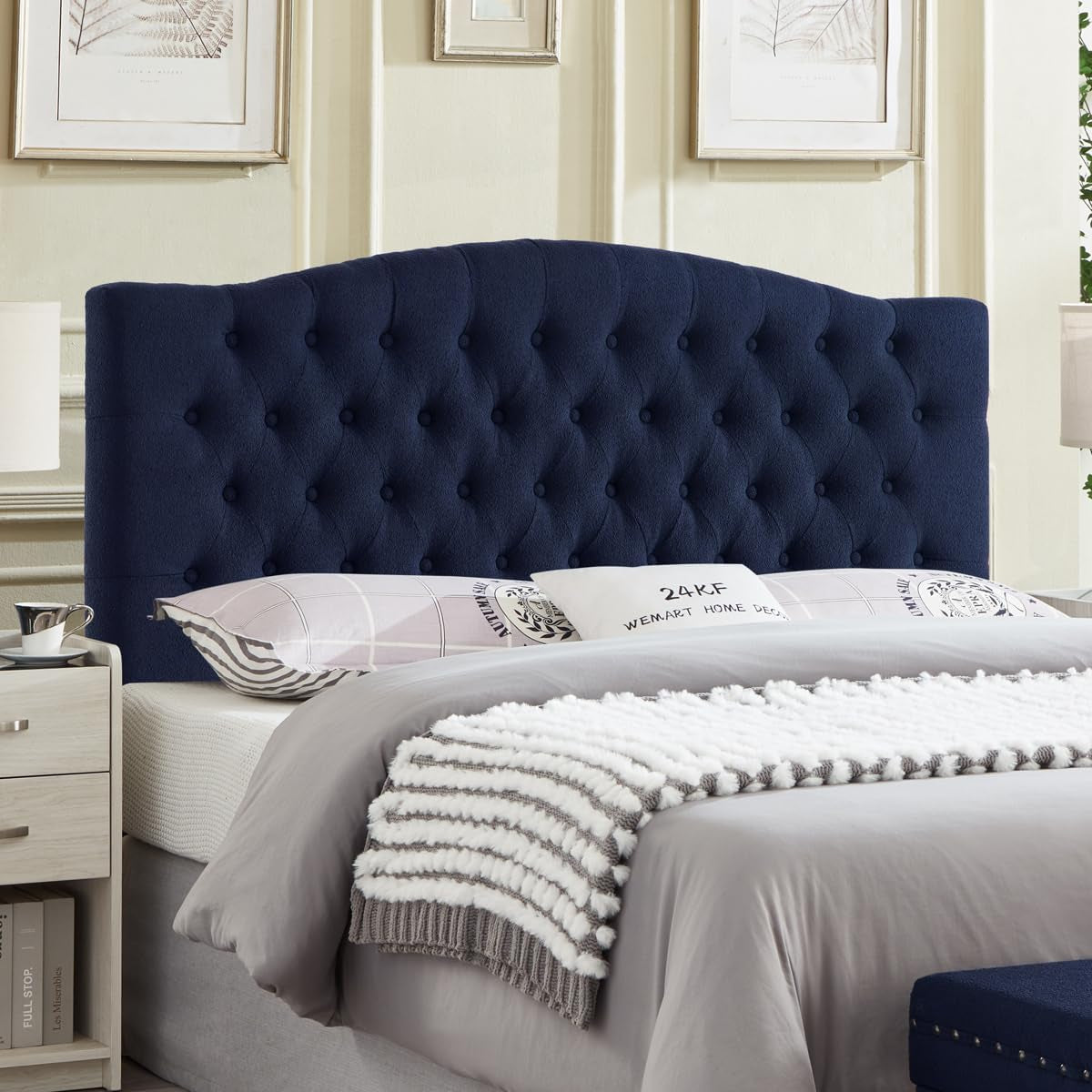 Elegant Boucle Upholstered Tufted Queen Headboard in Navy