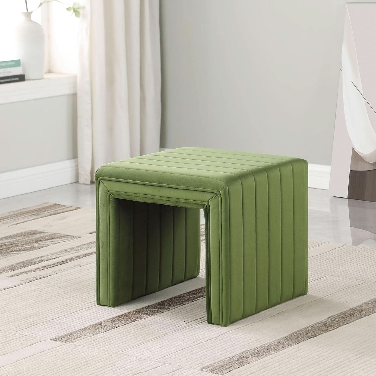 Elegant Green Velvet Tufted Channel Ottoman Footstool