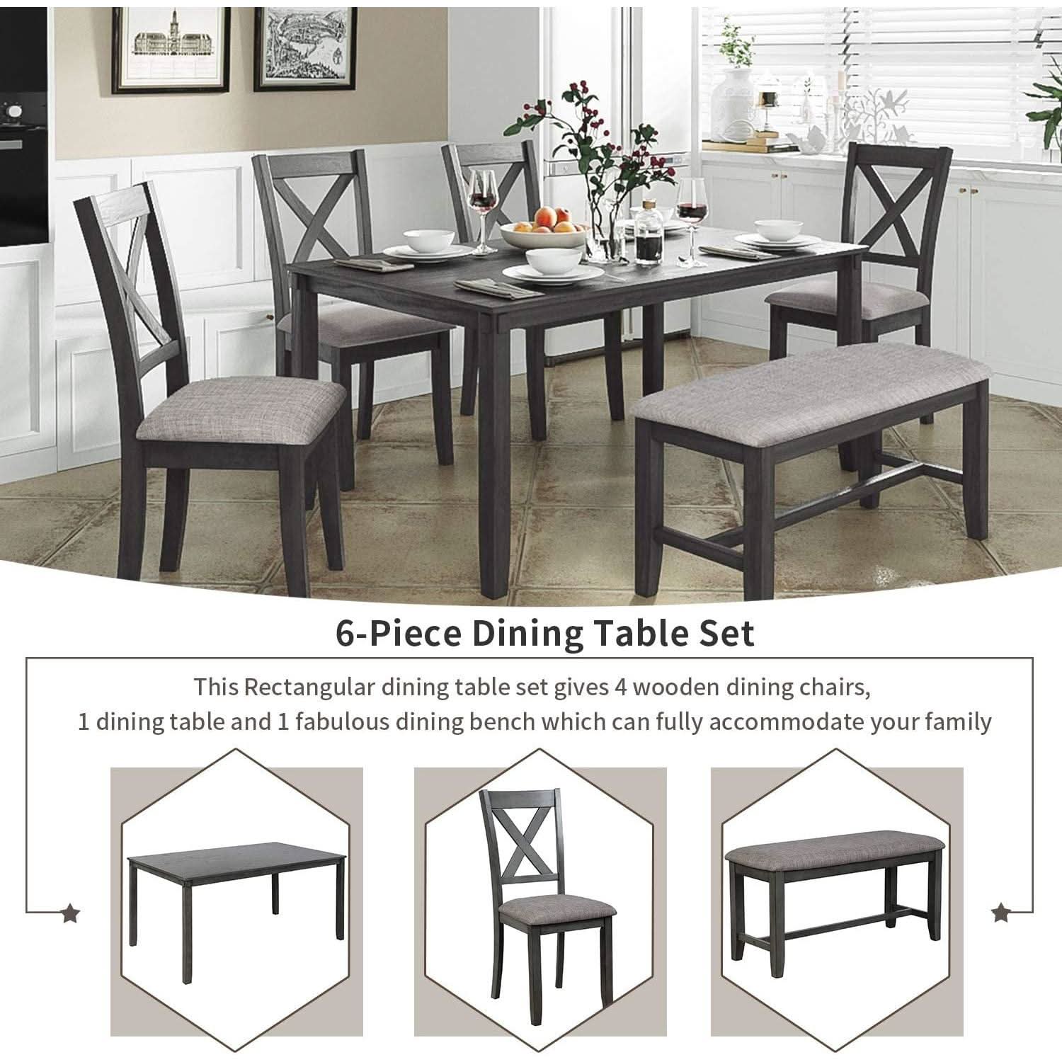 Elegant Grey Rectangular Dining Table Set For Six People