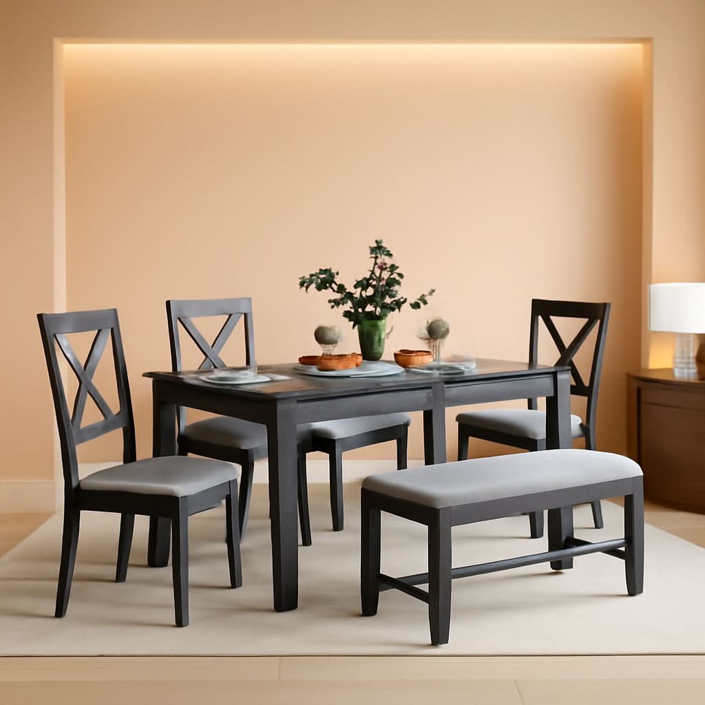Elegant Grey Rectangular Dining Table Set For Six People