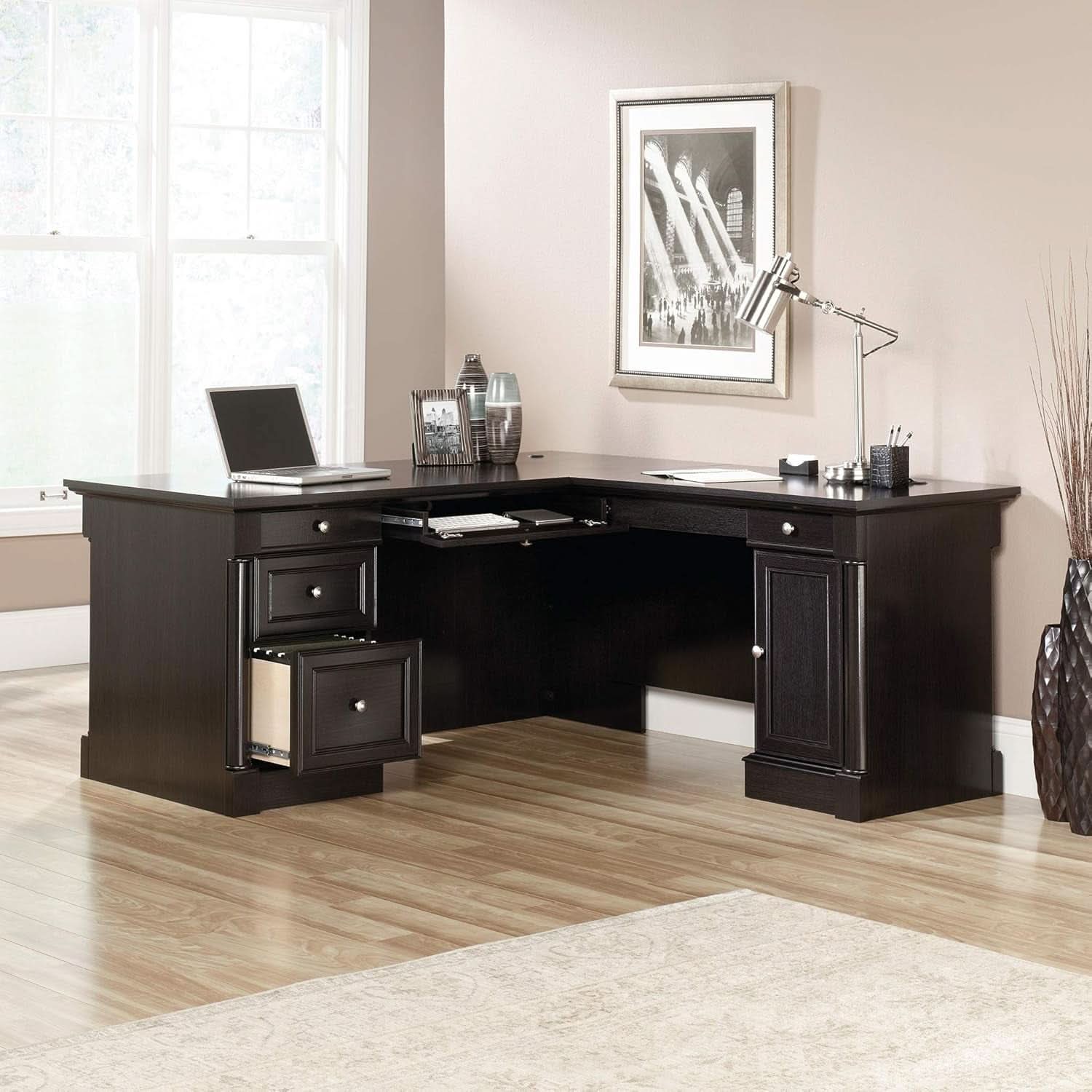 Elegant L-Shaped Desk with Spacious Surface in Wind Oak