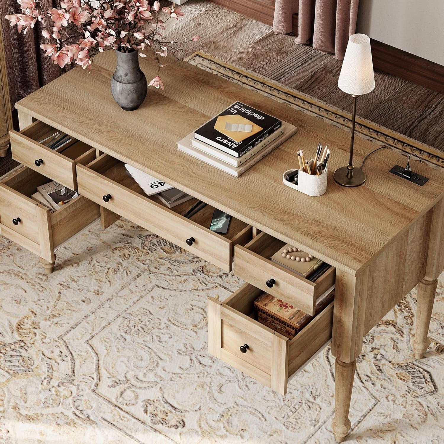Elegant Oak 56 Inch Executive Desk Charging Station
