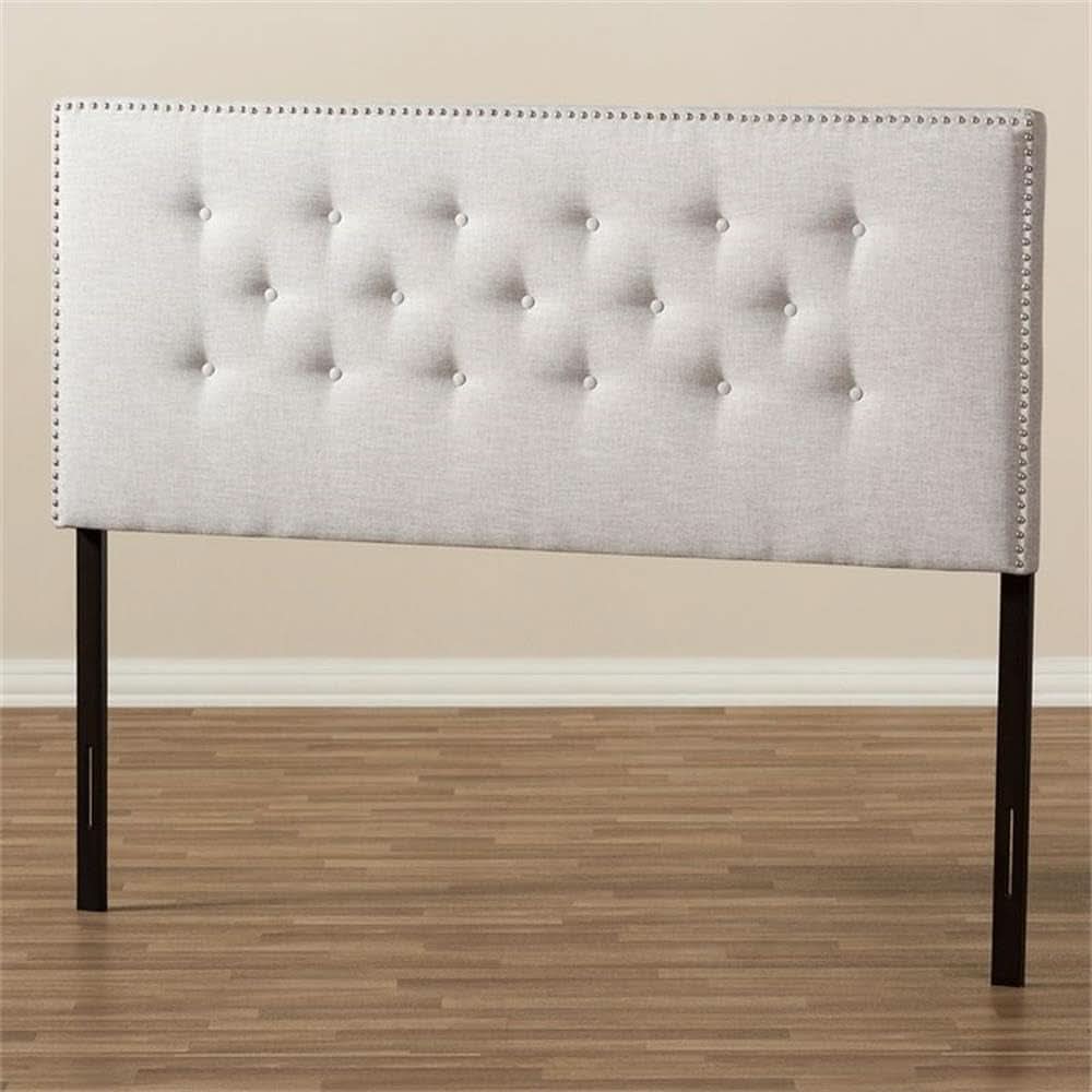Elegant Tufted King Headboard in Grayish Beige Fabric