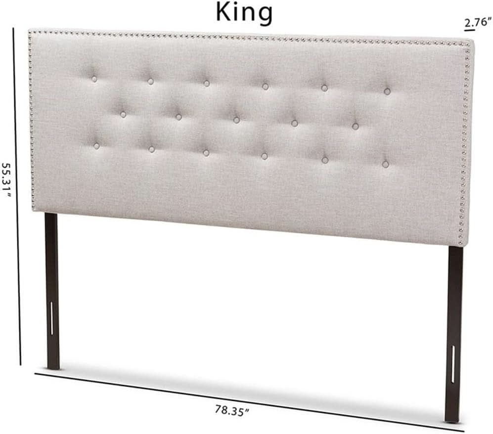 Elegant Tufted King Headboard in Grayish Beige Fabric