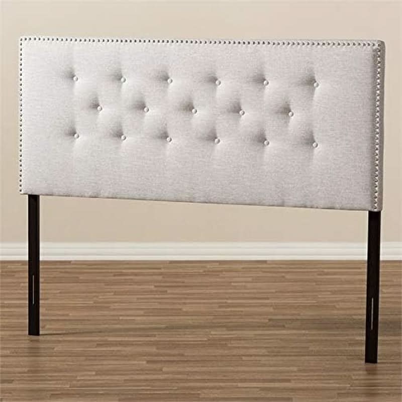 Elegant Tufted King Headboard in Grayish Beige Fabric