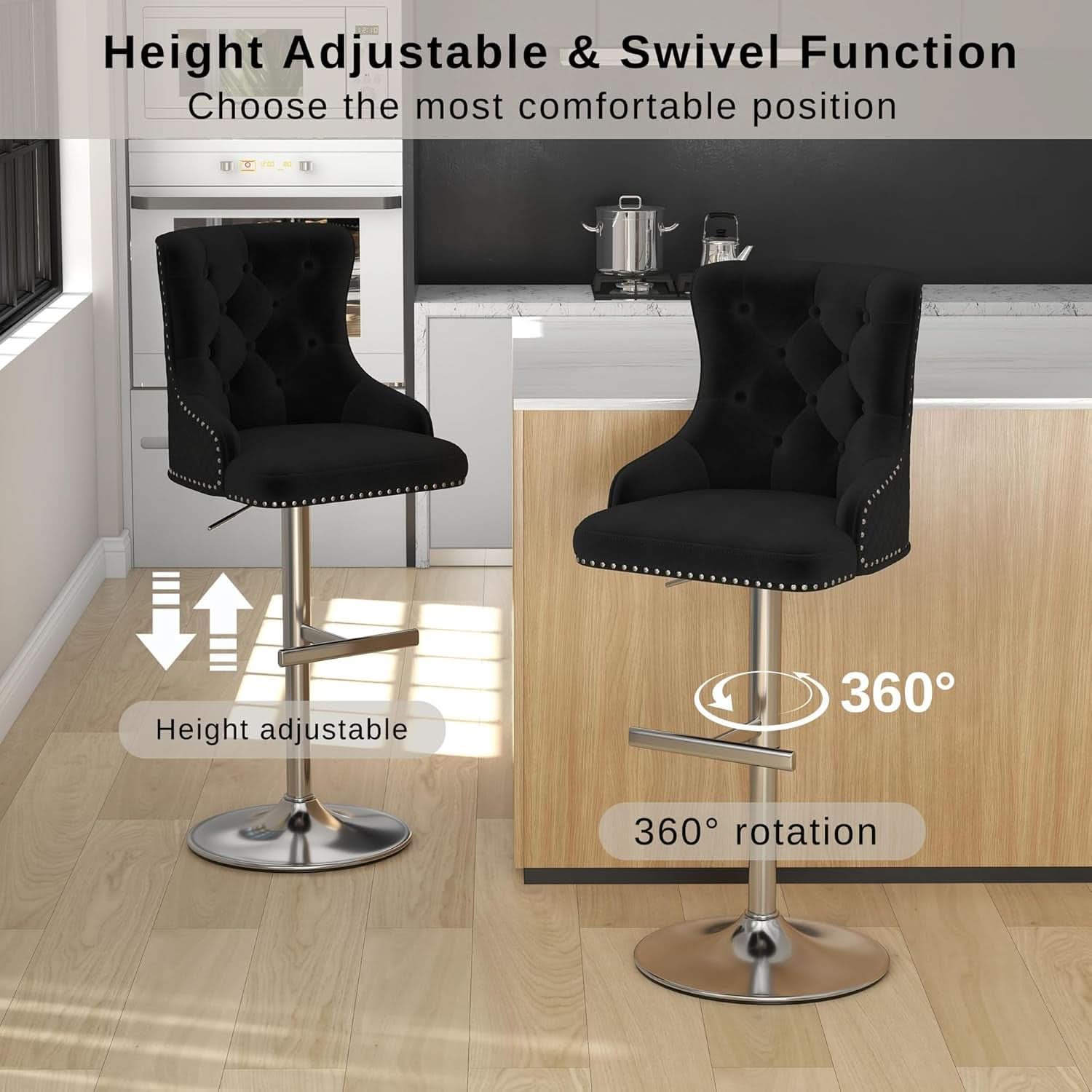Elegant Velvet Bar Stool Set With Swivel Chrome Base