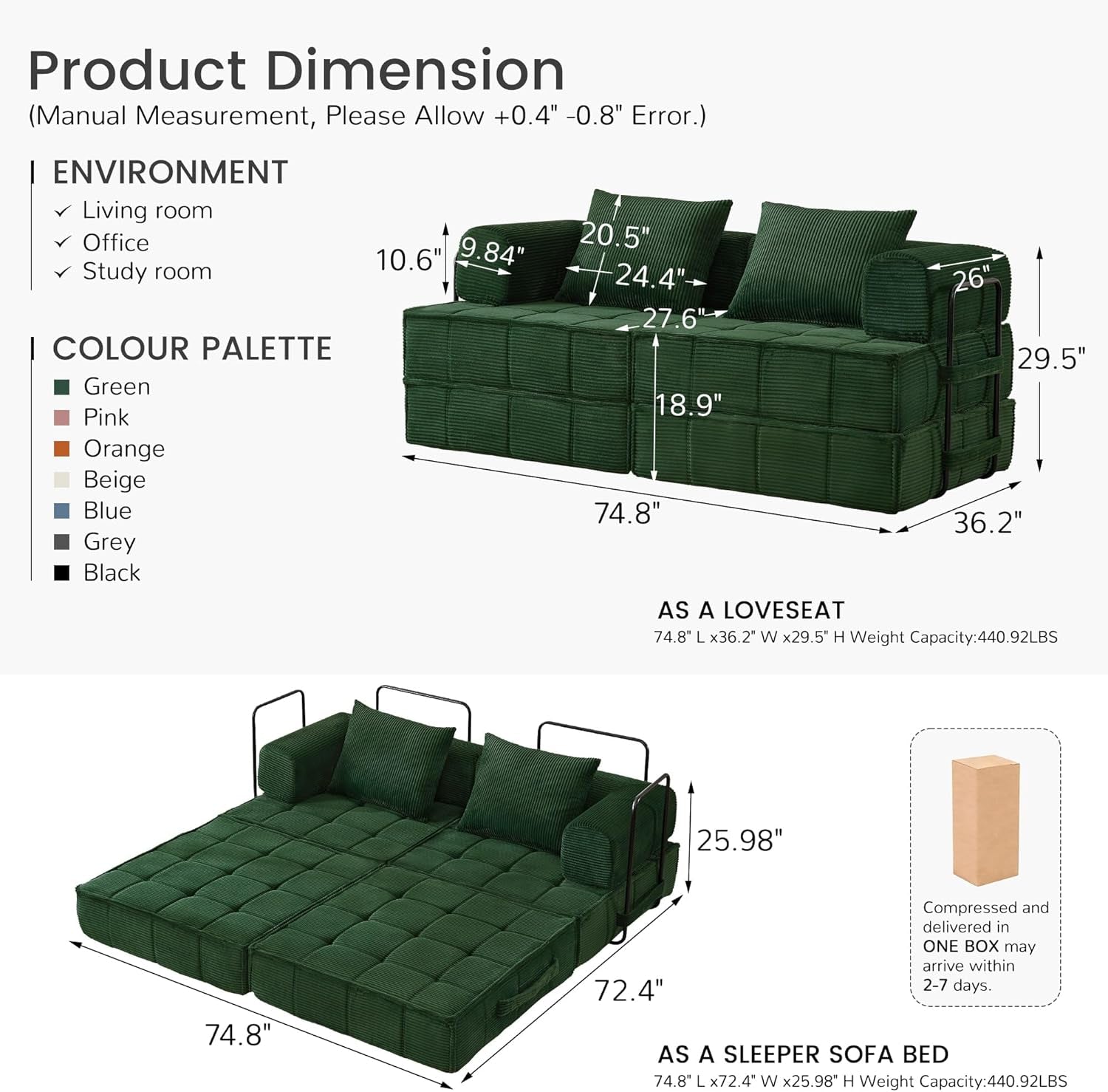 Emerald Green Corduroy SixInOne Convertible Sleeper Sofa