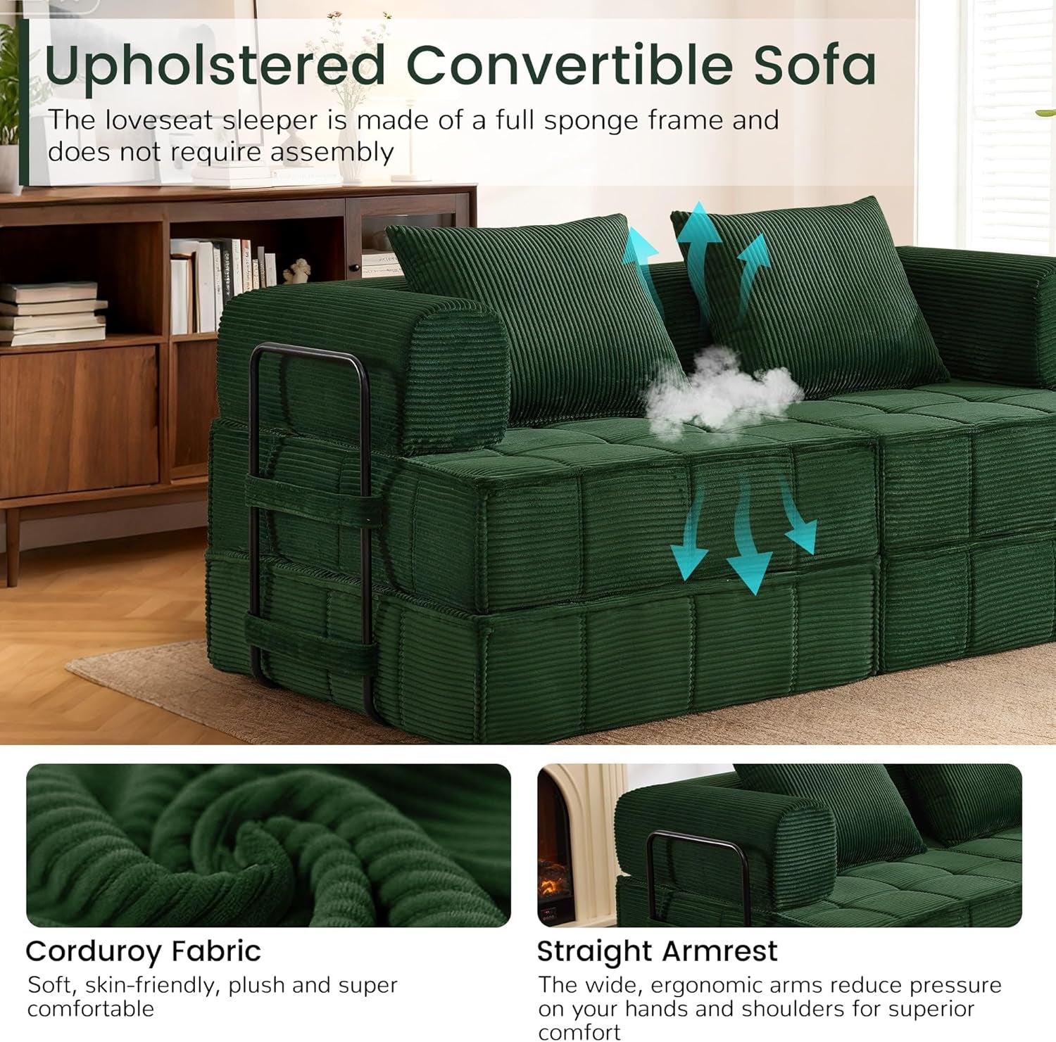 Emerald Green Corduroy SixInOne Convertible Sleeper Sofa