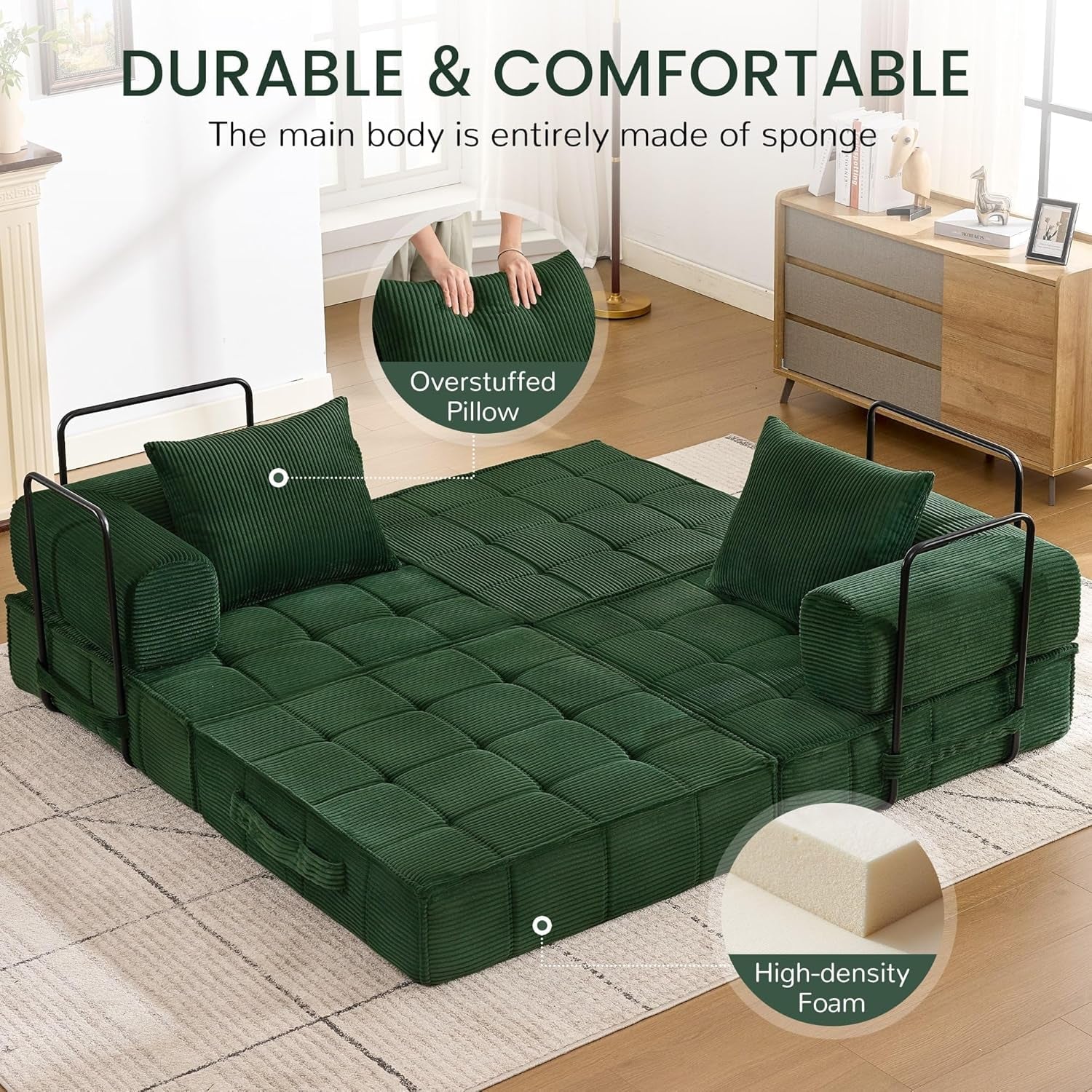 Emerald Green Corduroy SixInOne Convertible Sleeper Sofa