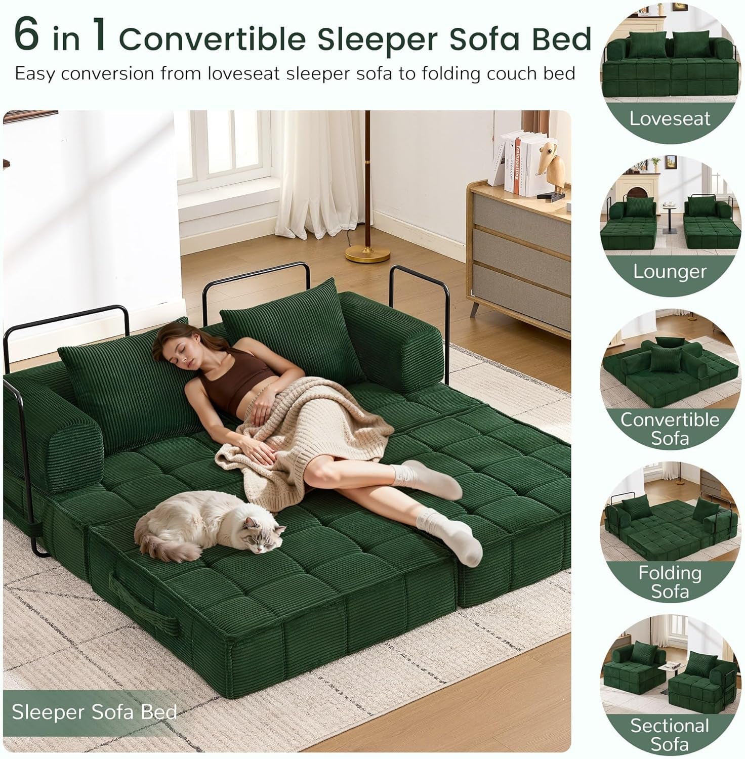 Emerald Green Corduroy SixInOne Convertible Sleeper Sofa